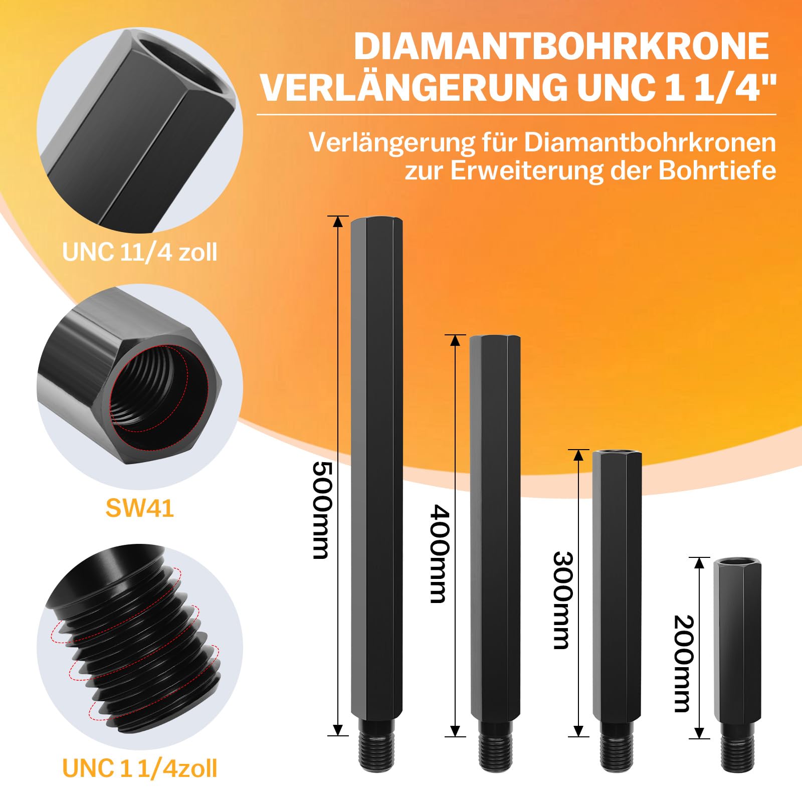 Raccord UNC 1 1/4" 500 mm Rallonge de couronne de forage acier 42Cr4 450 mm pour couronne diamantée 1 pièce