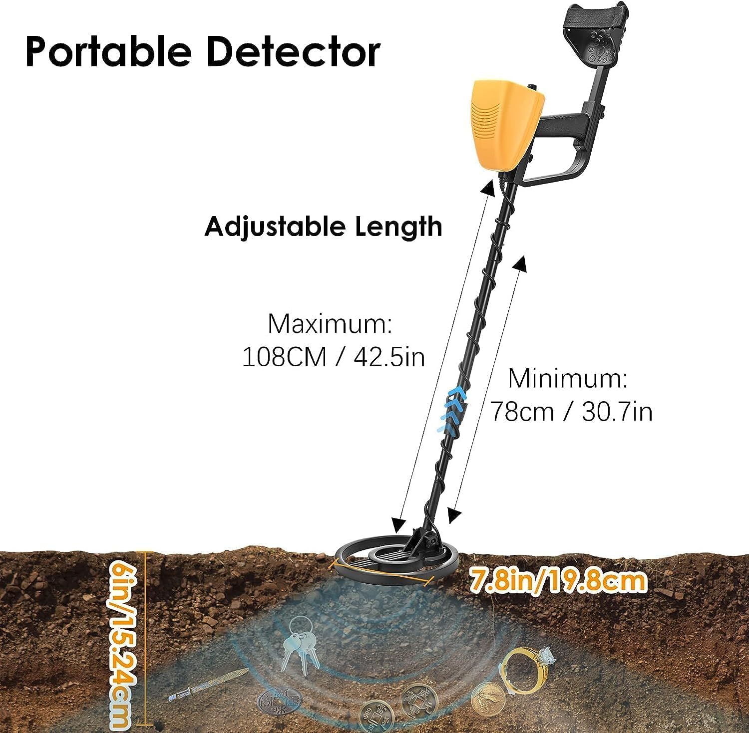 Détecteur de Métaux pour Adultes Débutant et Enfants, Bobine Étanche 20 cm, Longeur Réglable 78-108 cm, 2 Modes Disc & Tout Métal