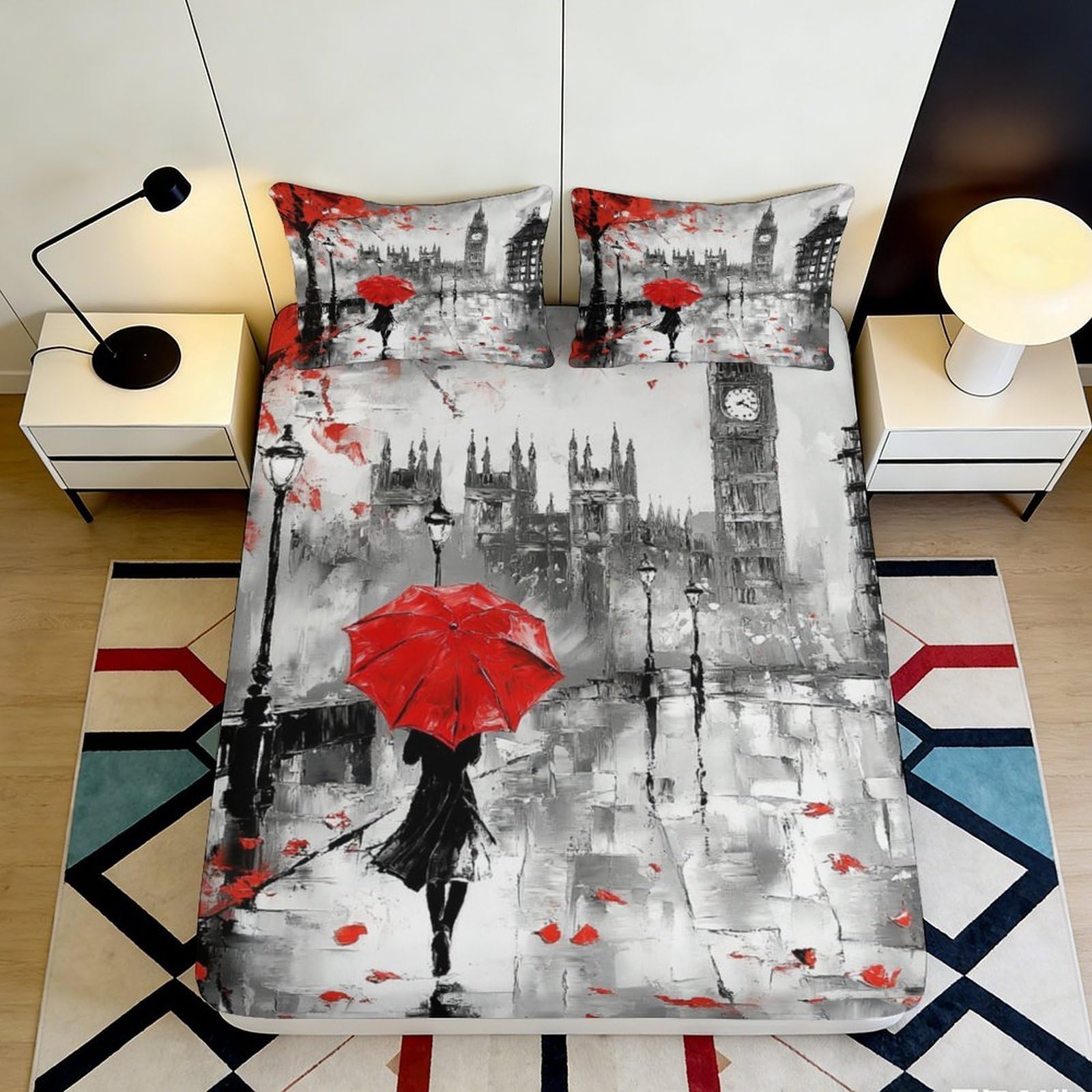 Pnayamiorkfel Style-10 3D Printed London Cityscape Fitted Sheet Microfiber Artistic Red Umbrella Bed Cover Bedroom Decor Machine Washable 90X200x25cm