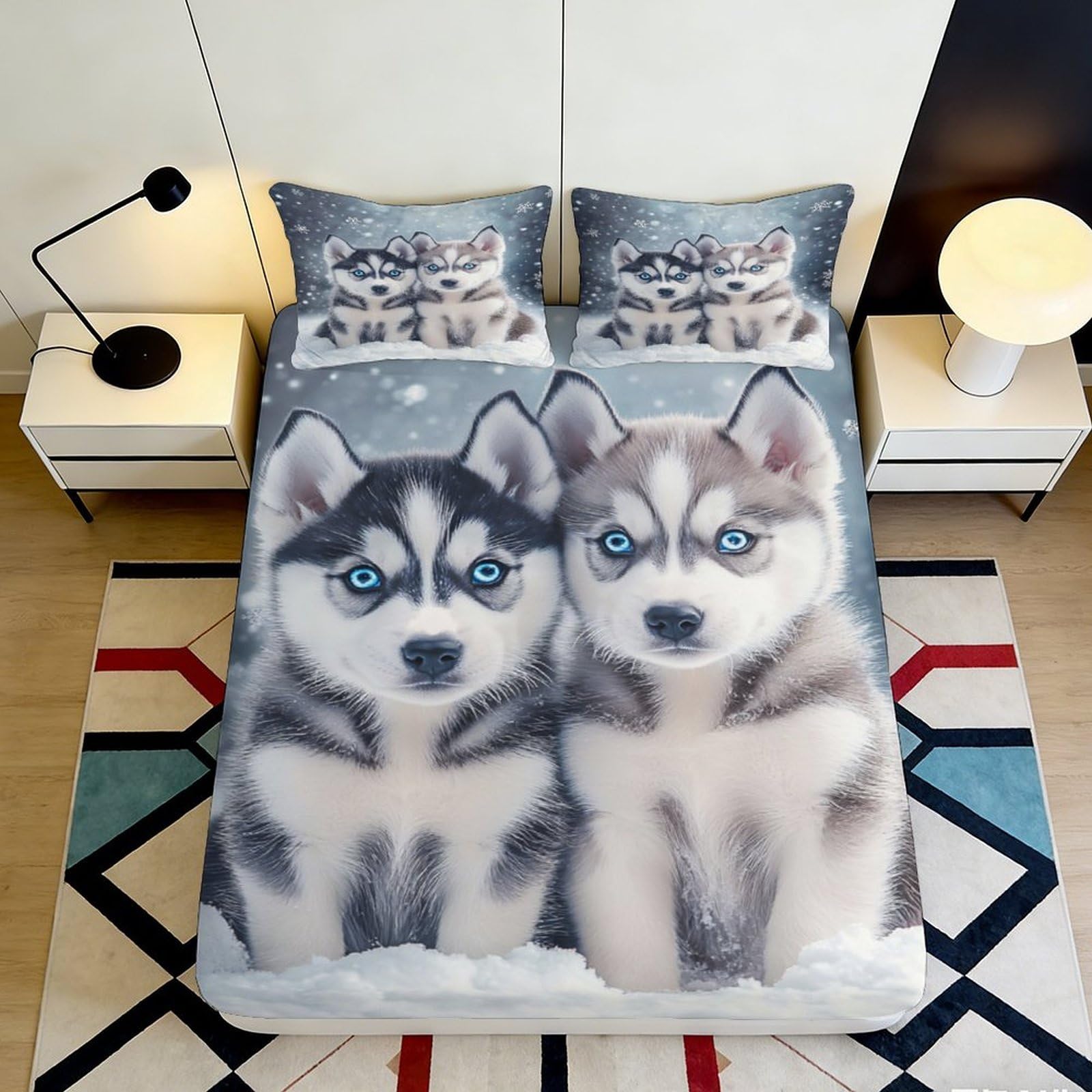 3D Printed Husky Puppy Fitted Sheet Microfiber Non-Slip Snow Forest Bed Cover for Bedroom Guest Room Decor Easy Care 90x200x25cm