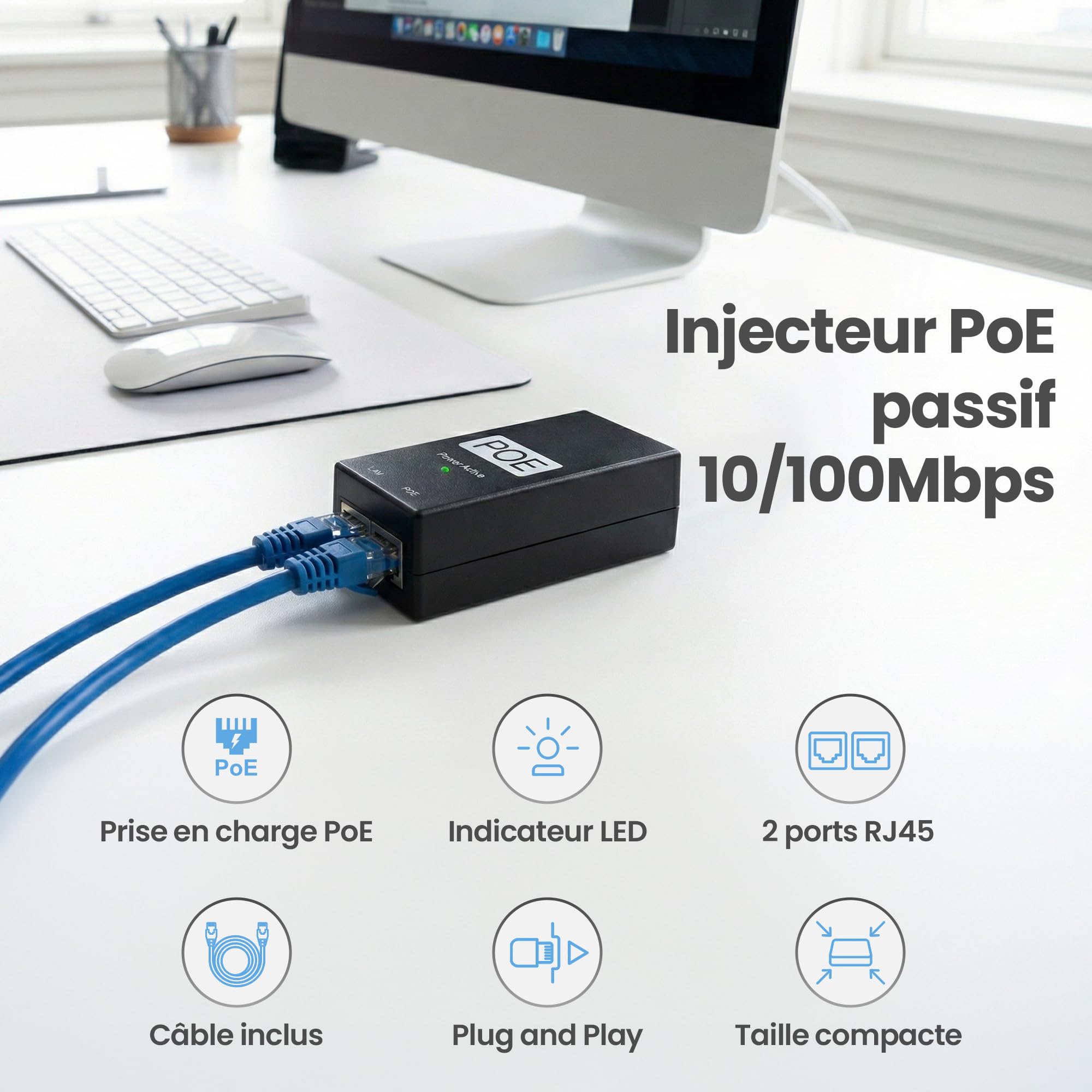 Extralink POE-24-24W G, PoE Injecteur, 24V, 1A, 24W, câble inclus, protection contre les courts-circuits et les surtensions, deux ports RJ-45, adaptateur PoE, PoE Injecteur, passif