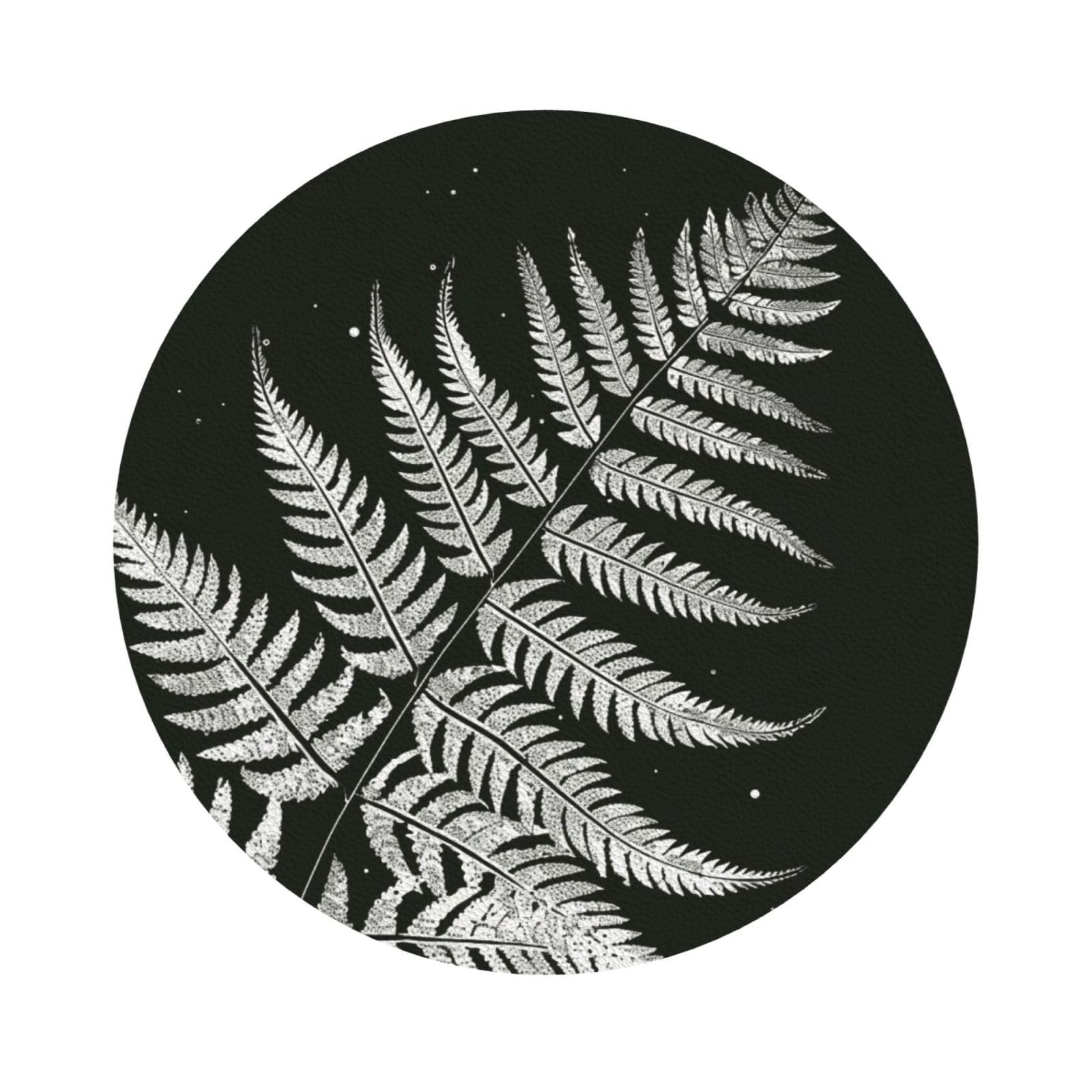 natural plant silhouette fern leaf Print Leather Coaster Set of 6, Round Shape Coasters Table Decorative Coffee Cup Beverage Coasters Wine Beer Bar Coasters for Hot Drinks Table Protection