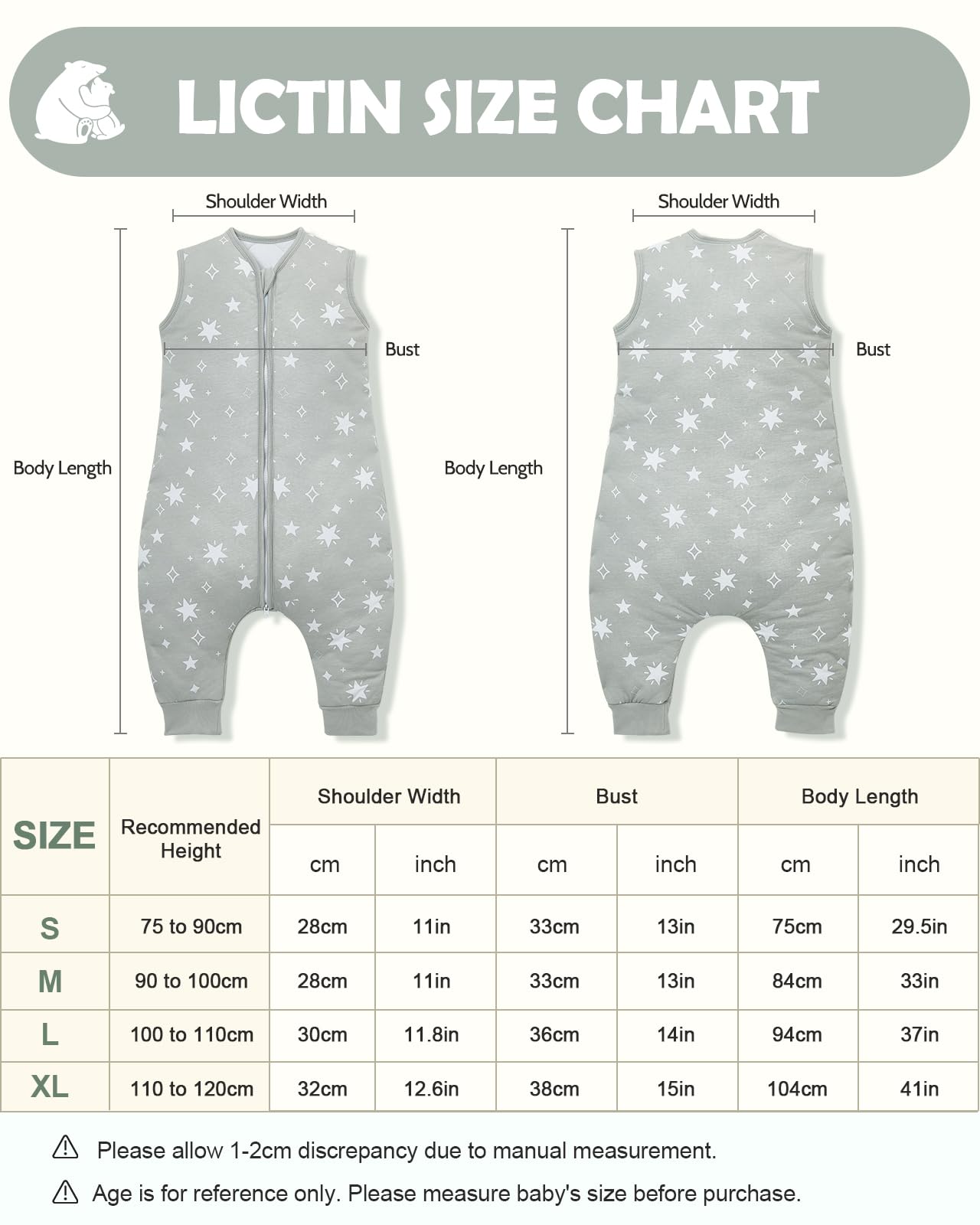 Lictin Sacco a pelo con piedi-2.5 TOG Sacco a pelo per bambini, stampa a stelle grigie, taglia: M-80 cm, altezza adatta del bambino (90-100 cm/18 mesi-3 anni)