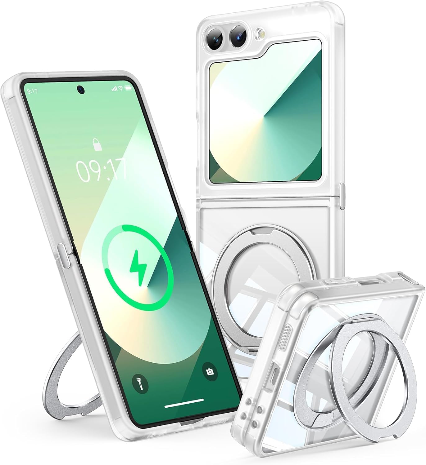 Photo 1 of ?360°Spin Magnetic Stand? Case for Galaxy Z Flip 6/5 ?Fit for MagSafe & Pixelsnap? Cover with Ring Holder ?No-Yellow Crystal Clear? Camera Protection Phone Samsung Galaxy Z Flip 6/5 Case - Clear