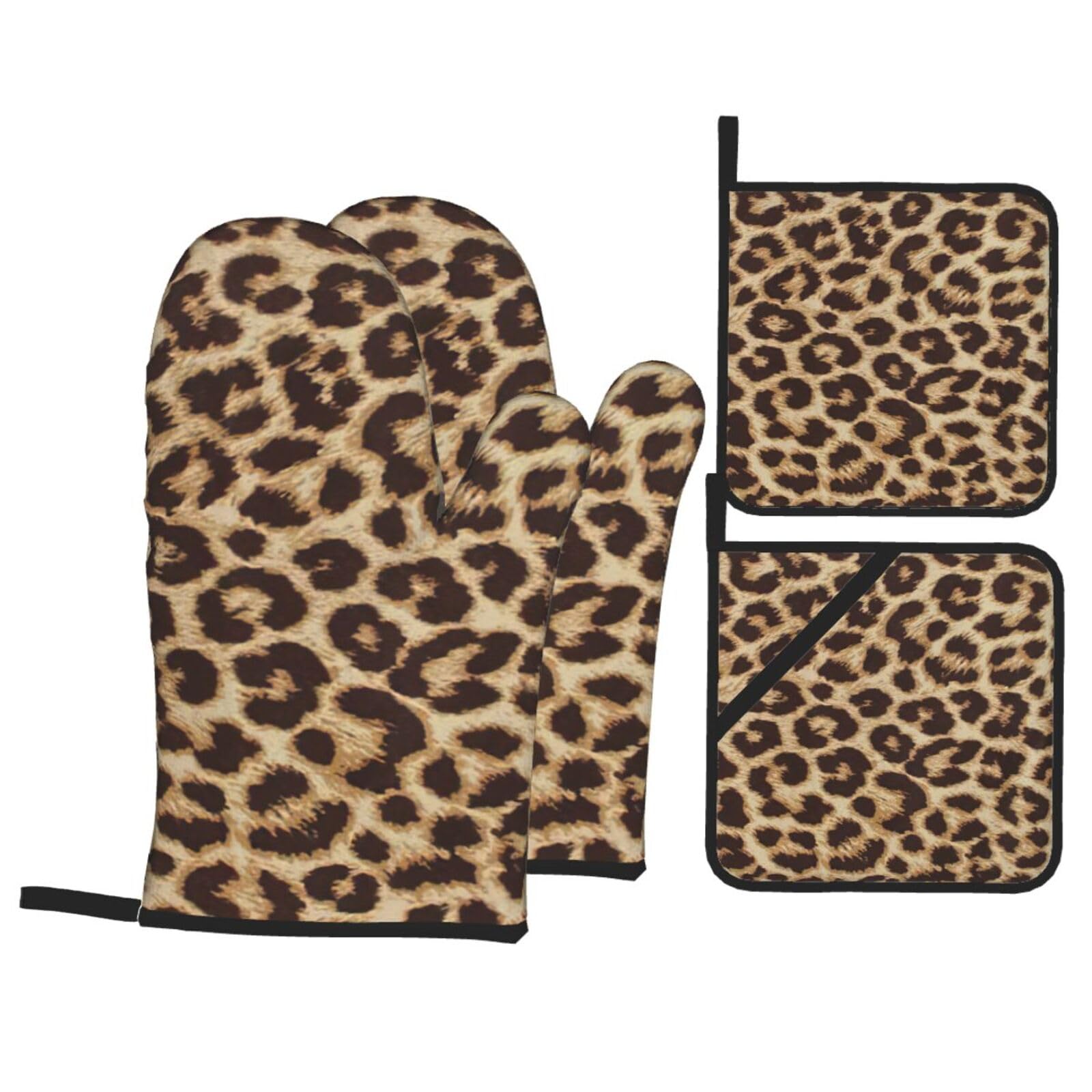 Nimongt Black Leopard Pattern Print Heat-Resistant 4-Piece Oven Kitchen Gloves For Baking Cooking Microwaving Essentials