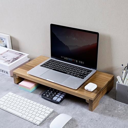 Miniatura 4 de MyGift Soporte de monitor de escritorio de madera maciza de acacia premium, elevador para laptop y almacenamiento de teclado, organizador de