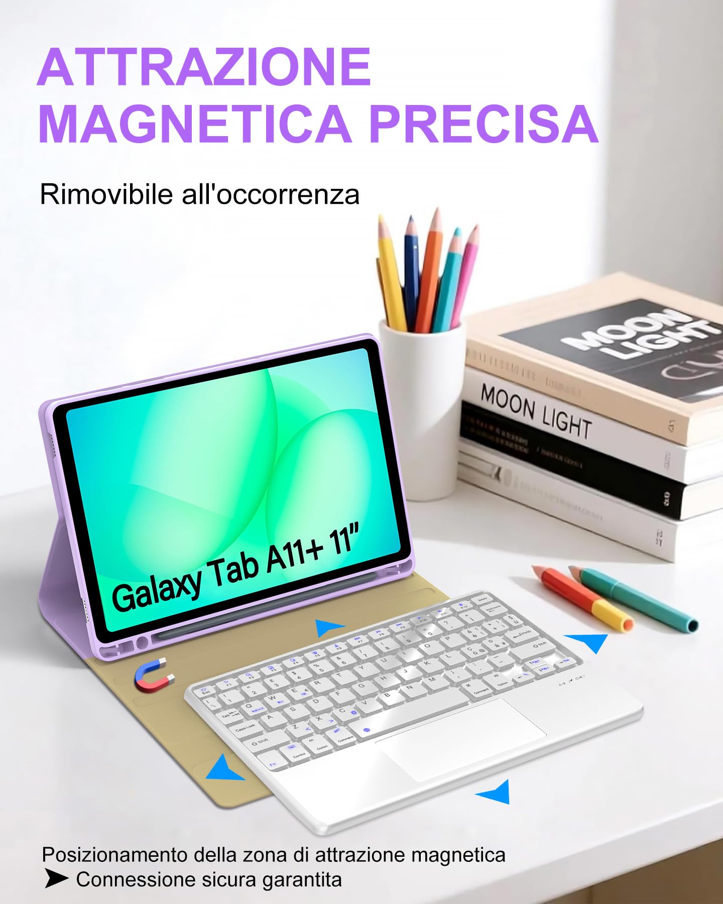 Custodia con Tastiera Bluetooth per Samsung Galaxy Tab A11+ 11" (2025) & A9+ 11" (2023), Cover Italiana QWERTY con Touchpad, Senza Retroilluminazione, Porta Penna, Lilla Chiaro
