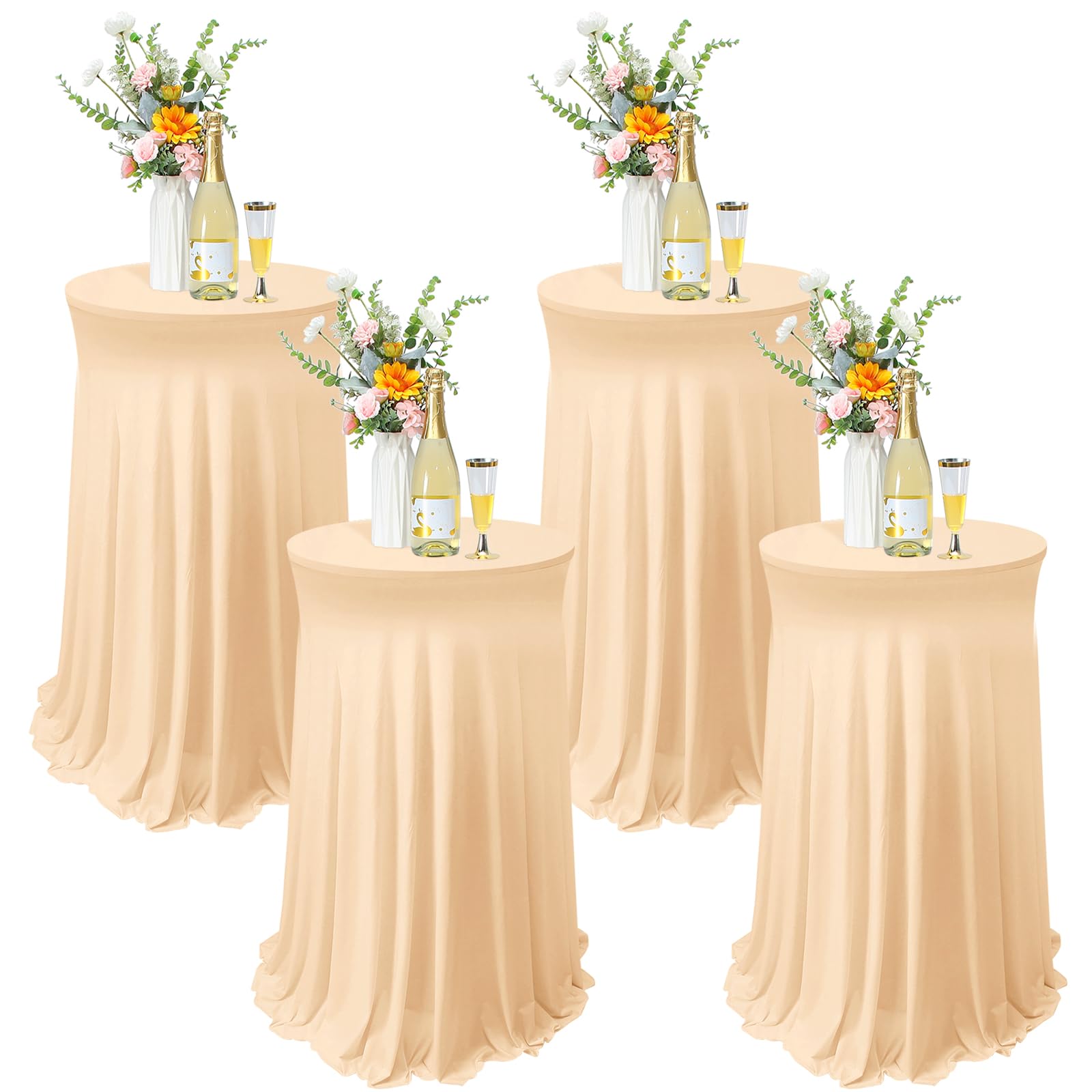 Tegeme 4 Packs Spandex Cocktail Tablecloths 32x43 with Skirt, Champagne