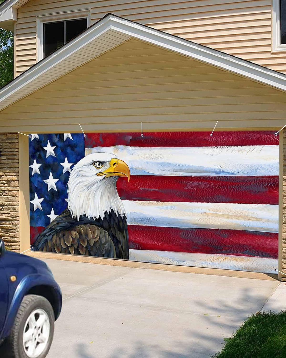 American Flag Eagle Garage Door Cover Garage Door Decorations Independence Day Garage Door Banner with Grommets, Garage Door Backdrop Mural for Indoor Outdoor Wall Door Photography 7x16ft
