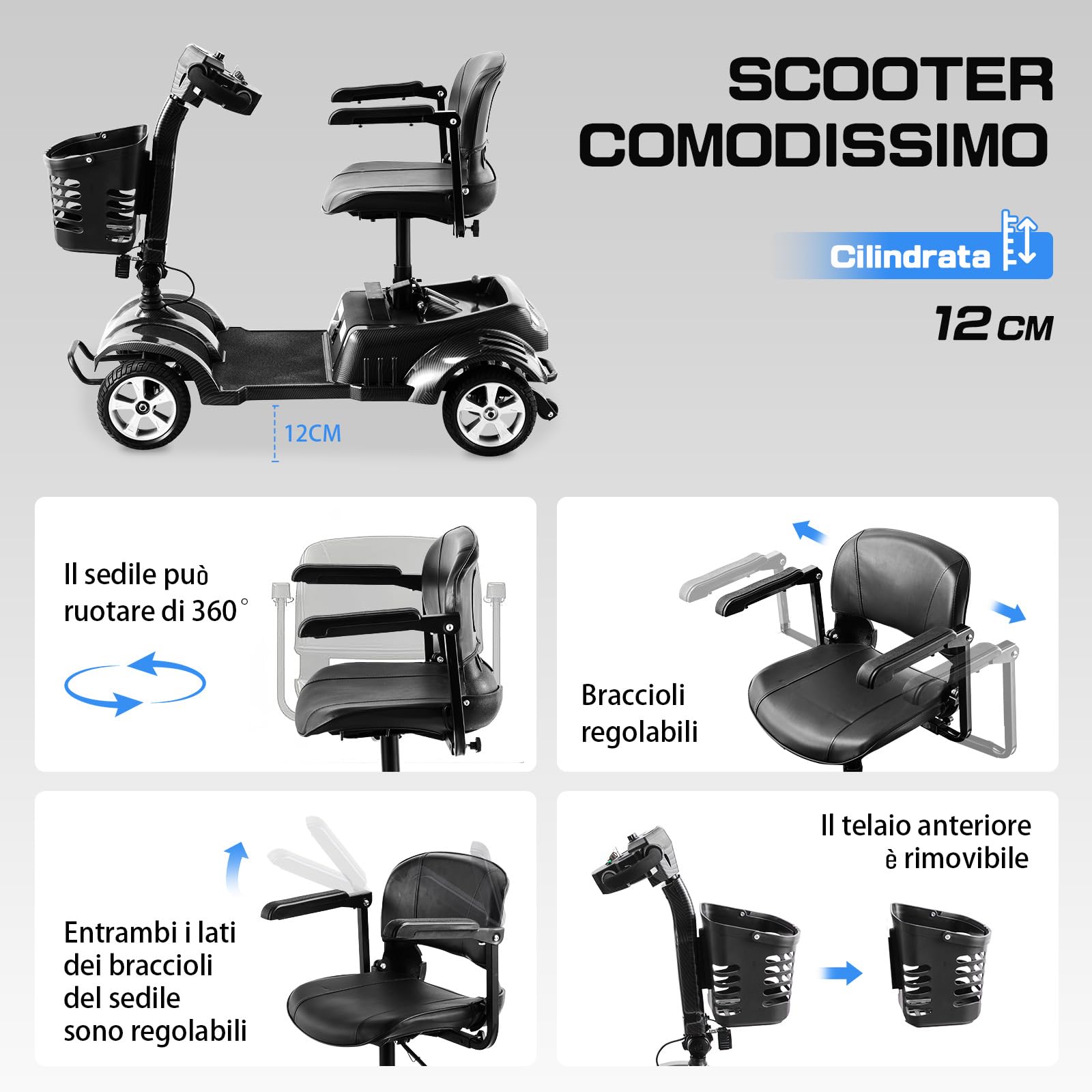 Z02 Scooter disabili pieghevole, sistema antiribaltamento, autonomia di 20 km, luci LED, cestino rimovibile, stabile e pratico, adatto agli anziani, garanzia di 5 anni - Nero