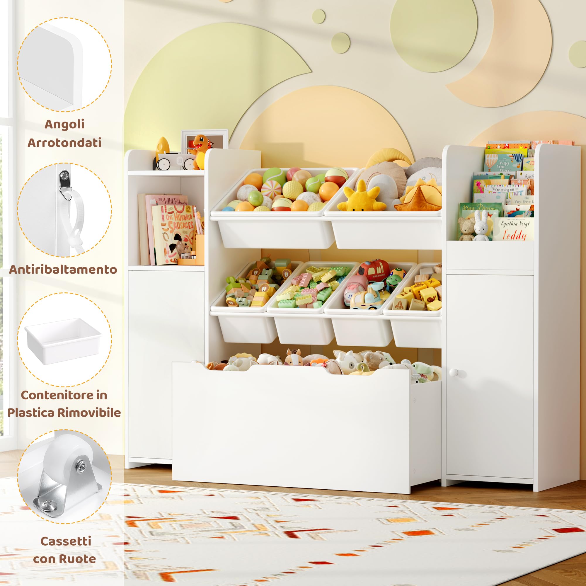 FOREHILL Organizer Giocattoli, Porta Giochi Bambini con 6 Scatole Contenitori, Mobile Porta Giochi con Portariviste, 1 Cassetto Grande con Ruote, per Cameretta e Sale Giochi, 138x30x94 cm (Bianco)