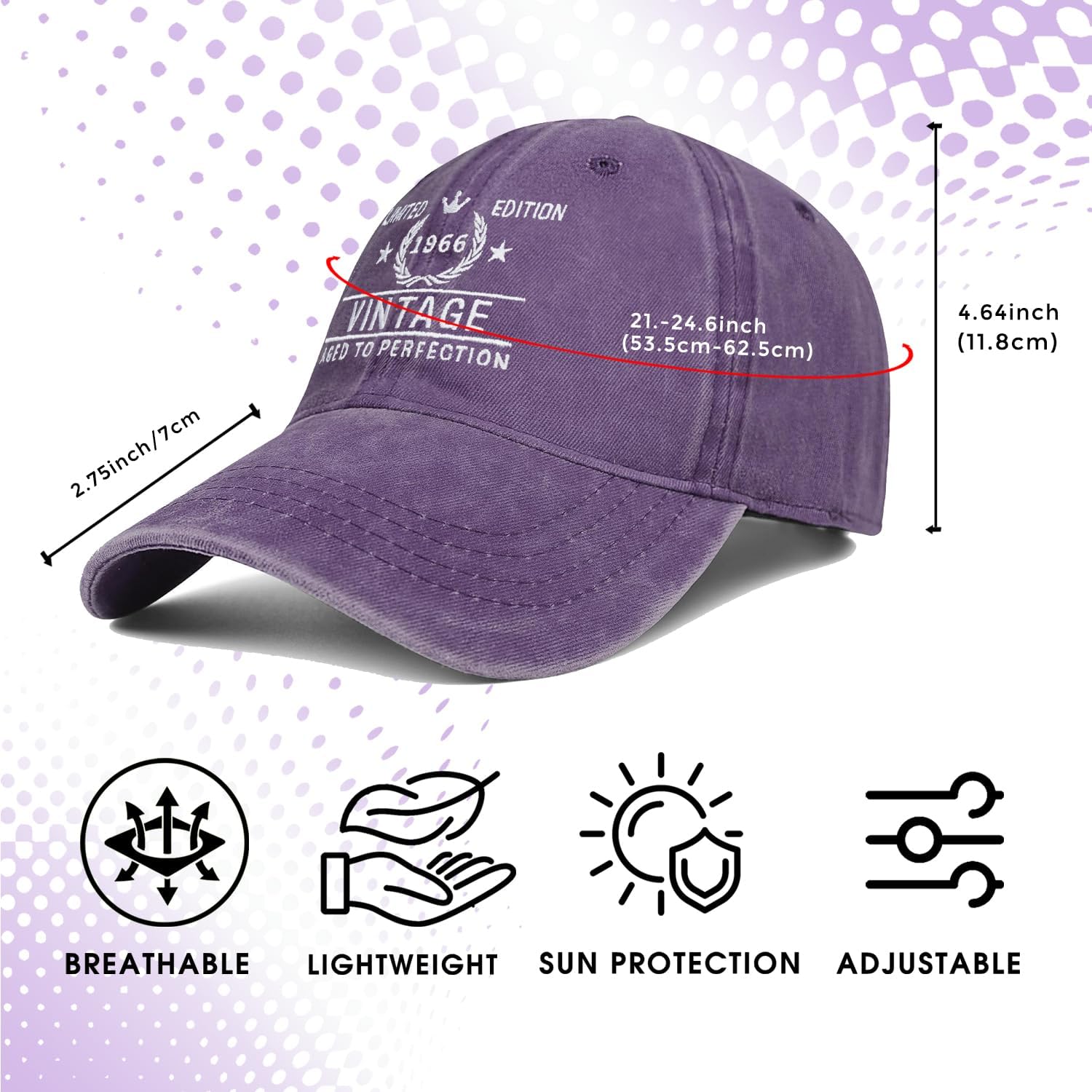 60th Birthday Gifts for Men Women 1966 Hats Vintage 60 Year Old Embroidered Baseball Cap Purple - Image 3