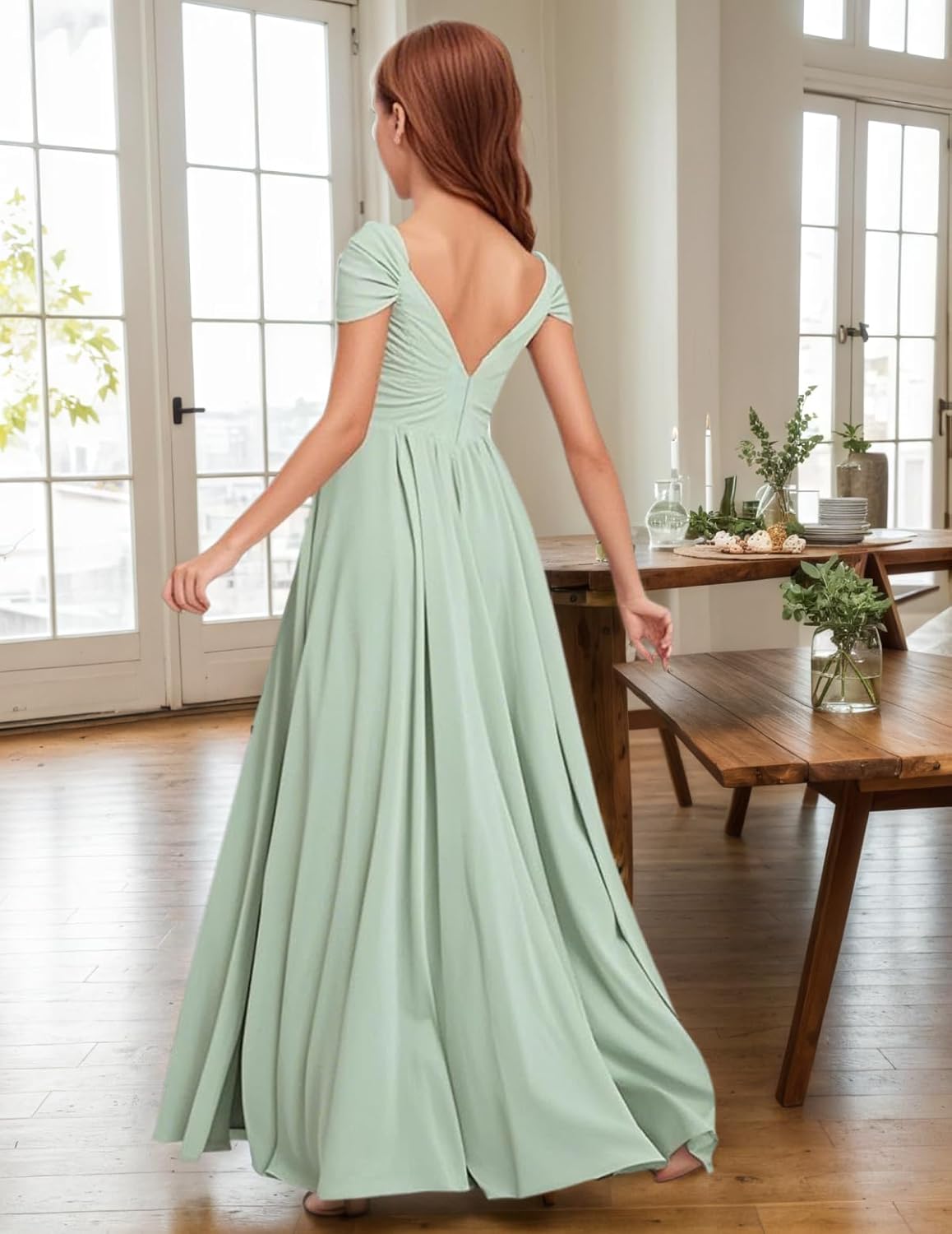 Junior Bridesmaid Dress V-Neck Chiffon Flower Girl Dress for Wedding Princess Pageant Prom Gowns