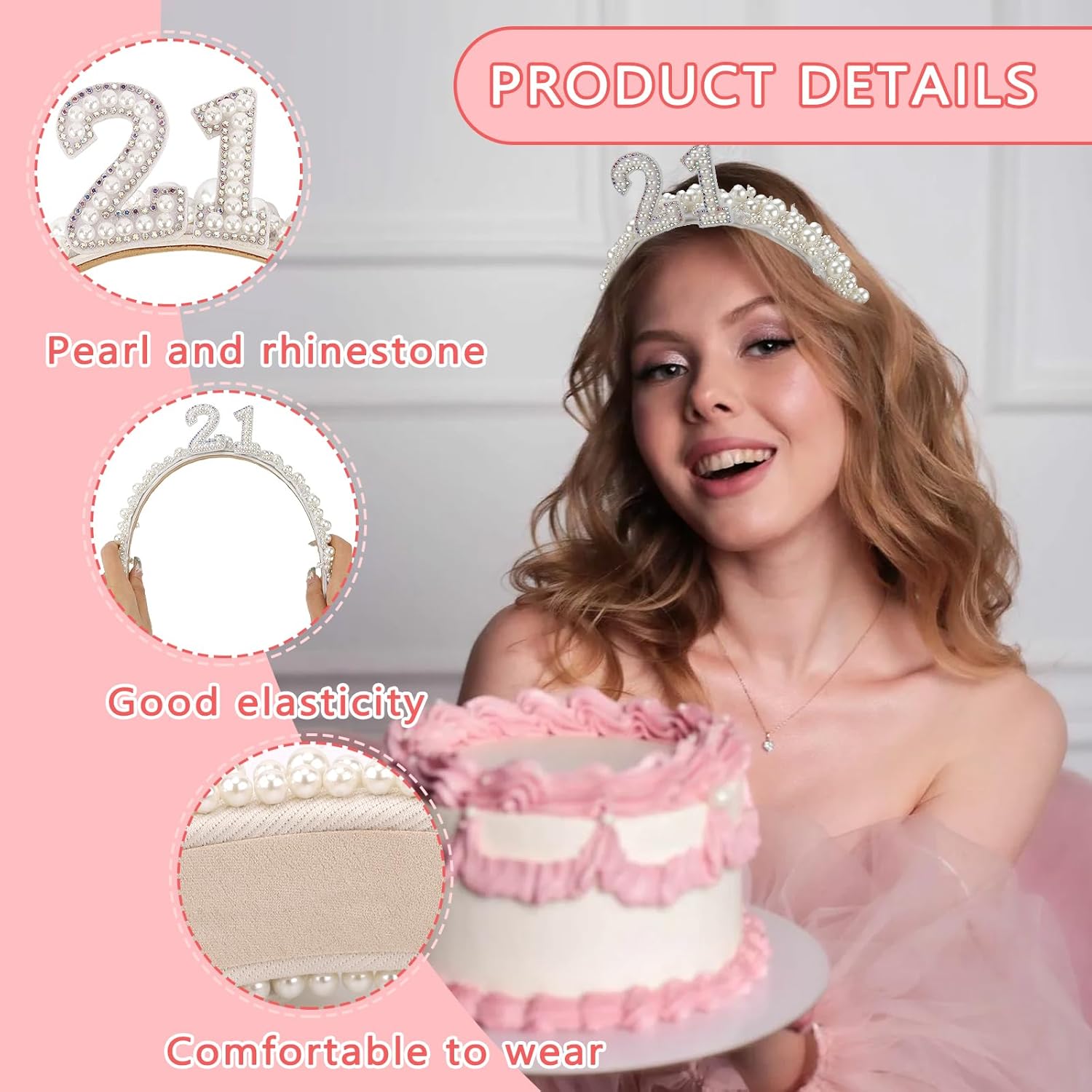 21st Birthday Crown Tiara, White Pearl Headband for Women's 21st Birthday Outfit Accessory - Image 3