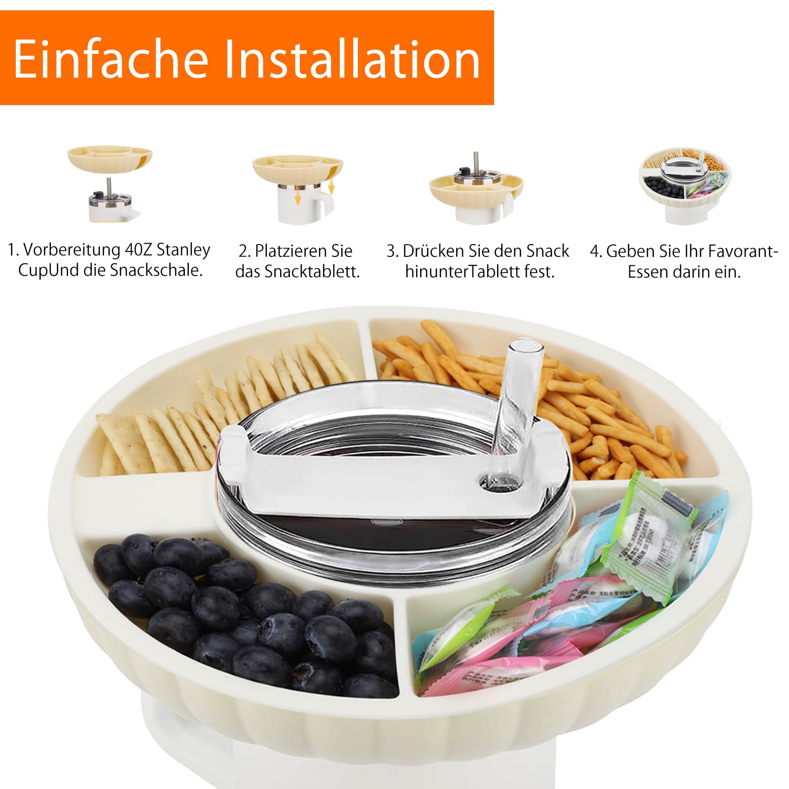 Plateau à Collations Silicone Pour Tasse Stanley 40oz (1.2L) - 4 Compartiments, Lavable, Rose - Snack Organisé En Déplacement