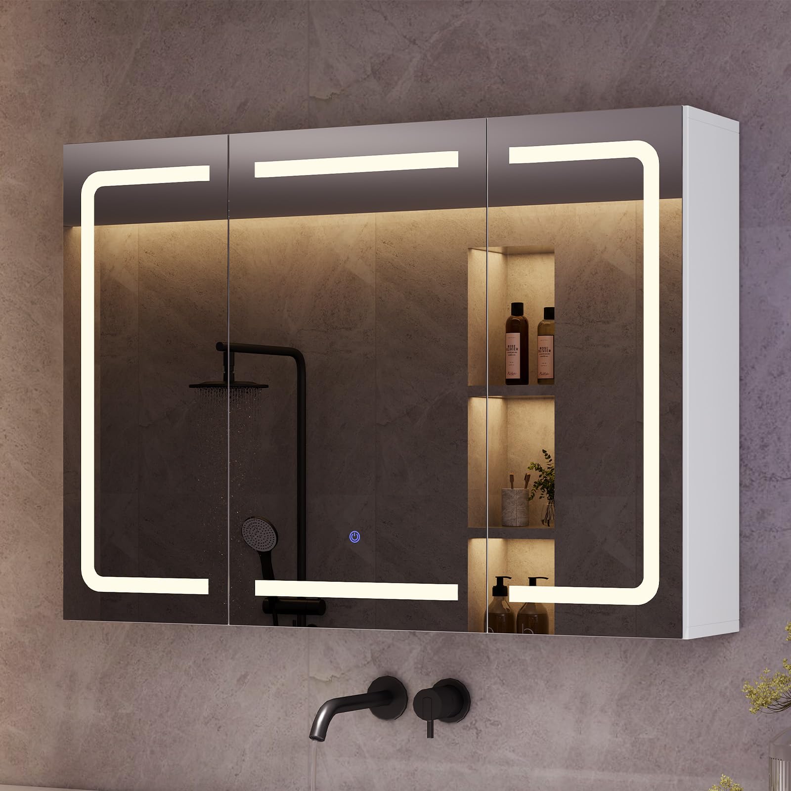 Armoire Salle de Bain avec Miroir LED Lumineux 3 Températures + Intensité Réglable, Prise Électrique (2 AC + 2 USB), Capteur Tactile - 3 Étagères Réglables -Design Moderne 60x80x16 cm(HxLxP)