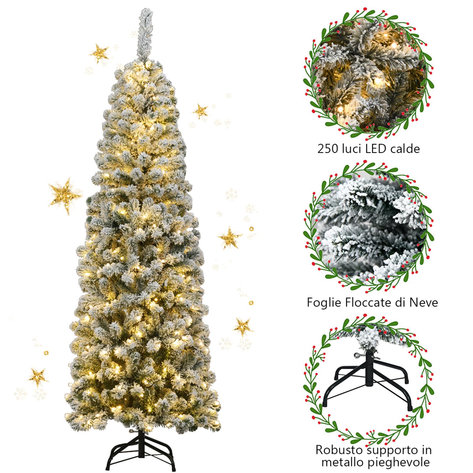 COSTWAY Albero di Natale Slim 135/180/225 cm, Albero di Natale Innevato con 150/250/350 Luci LED, 242/500/641 Rami e Base di Metallo, Decorazione Natalizia per Casa e Negozio (180 CM)