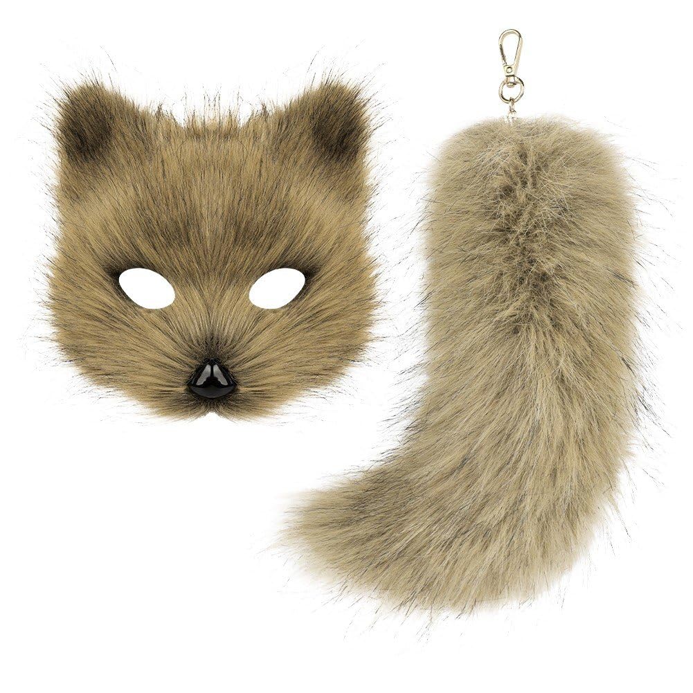 Tsffae Mask and Therian Tail Set, Furry Mask＆long Tail Half Face Masquerade Dress Up Cat Mask for Cosplay Fancy Party Costume Accessory