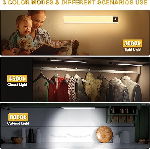 Miniatura 2 de GANA Luces LED con sensor de movimiento, 62 luces LED de armario con sensor de movimiento, 3 modos de color de luces debajo del gabinete