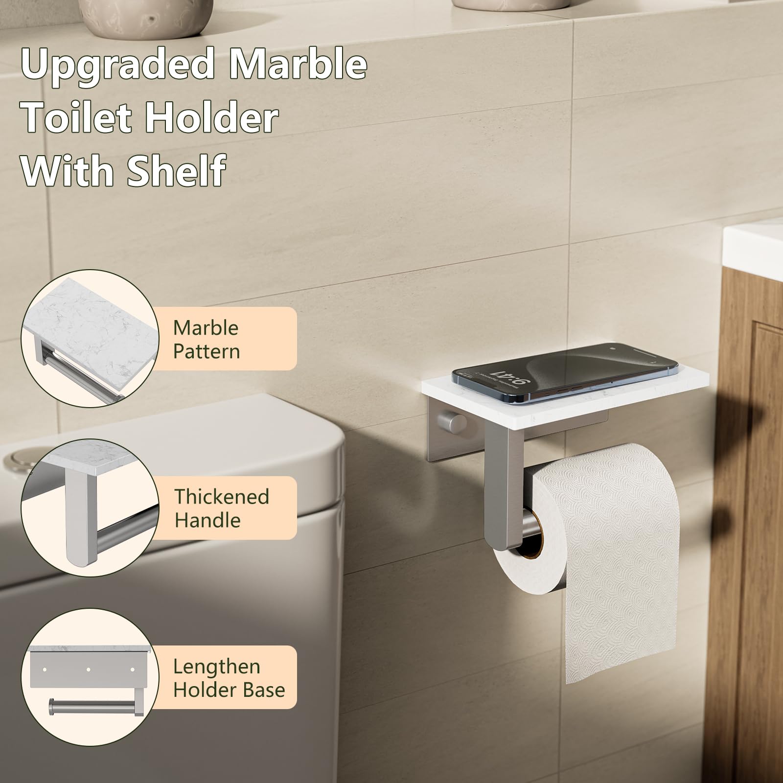 Brushed Nickel Marble Toilet Paper Holder with Shelf Wall Mount — Amazon image 2