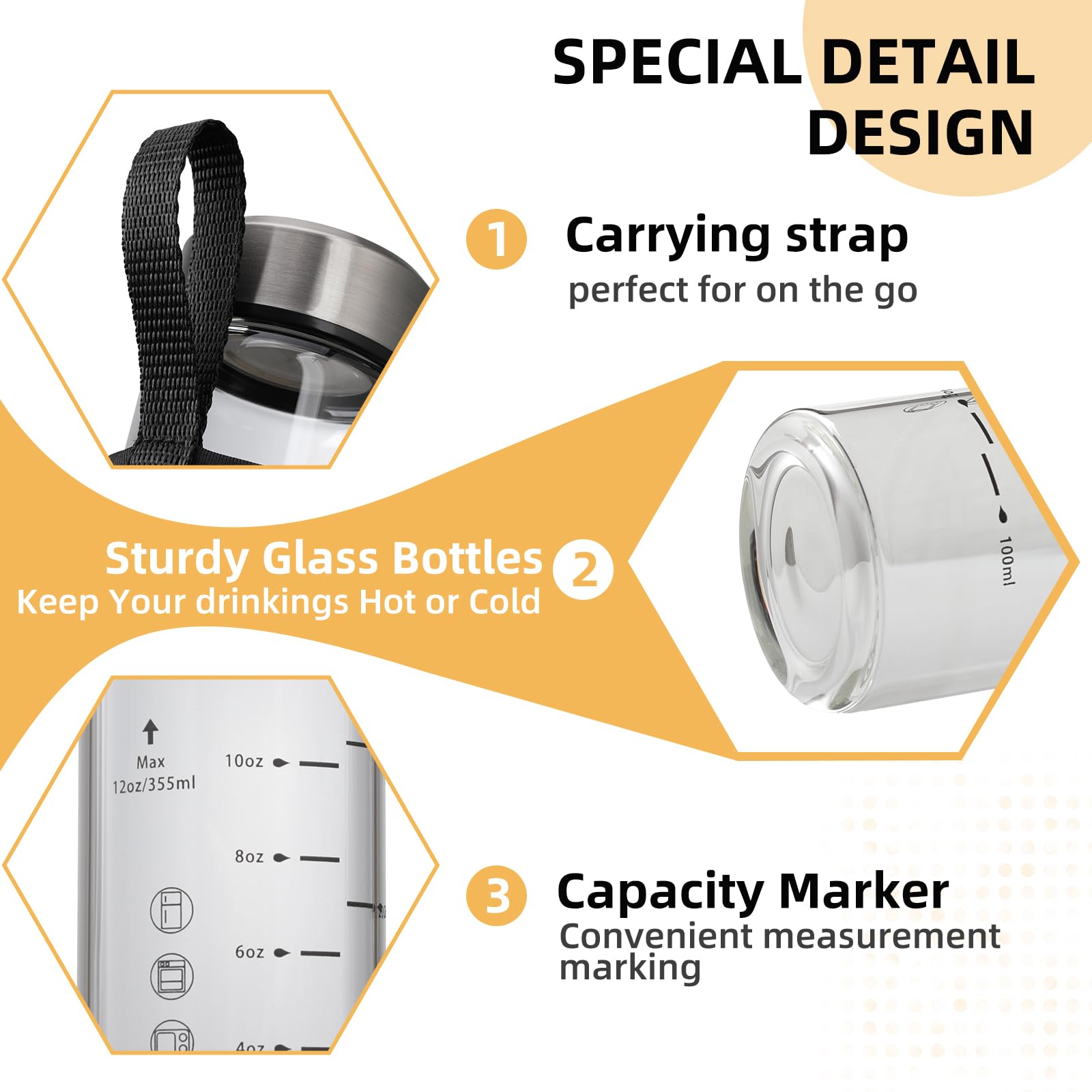 Glass Juice Bottles 12oz-3 Pack Wide Mouth Glass Water Bottles with Lids and Sleeve- for Juicing Smoothies Protein Reusable Stainless Steel Lids Leak Proof Borosilicate