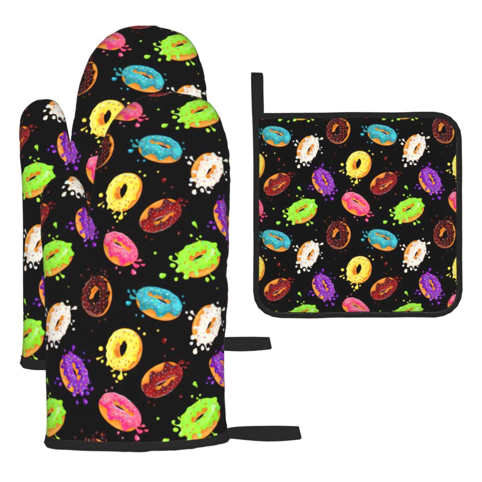 Donut Print Oven Mitts and Potholders BBQ Gloves-Oven Mitts and Pot Holders for Cooking Baking