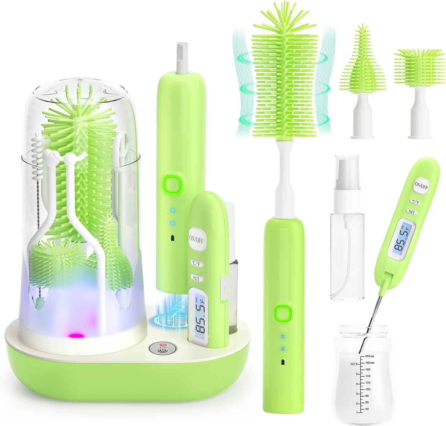 Electric Bottle Brush Cleaner,Wireless Charging Electric Baby Bottle Brush Cleaner,Nipple/Straw/Bottleneck Brush,Food Thermometer,Formula Mixer-IPX7 Waterproof,Travel Bottle Cleaner Kit for Newborn
