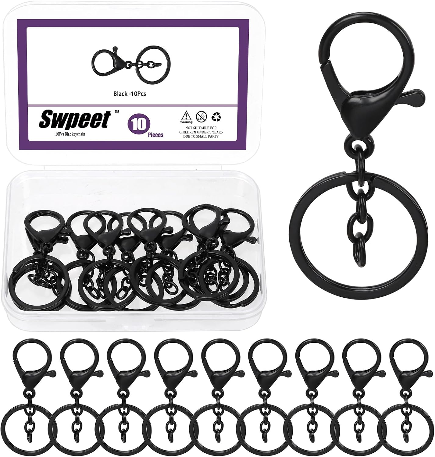 Swpeet 10Pcs Matte Black Lobster Claw Clasps with Key Chain and Flat Split Keychain Ring Assortment Kit, Swivel Clasps Hook Clips Swivel Snaps Hooks for Purse Strap Keychain DIY Crafts