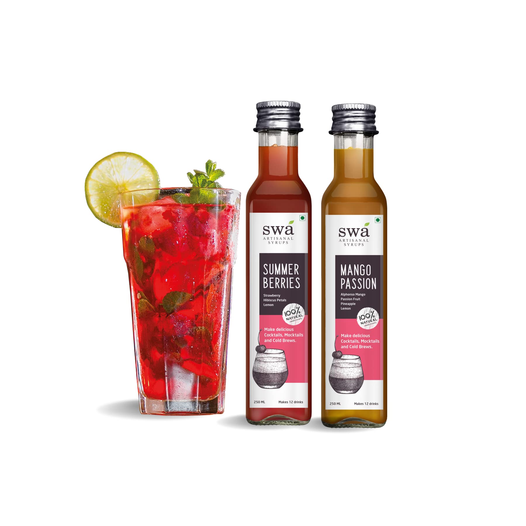 Swa Artisanal Syrups - Fruity Lemonade Mocktail Combo, 100% Natural, Makes 16-20 Drinks, Pack of 2 (250ml x 2)-image-17