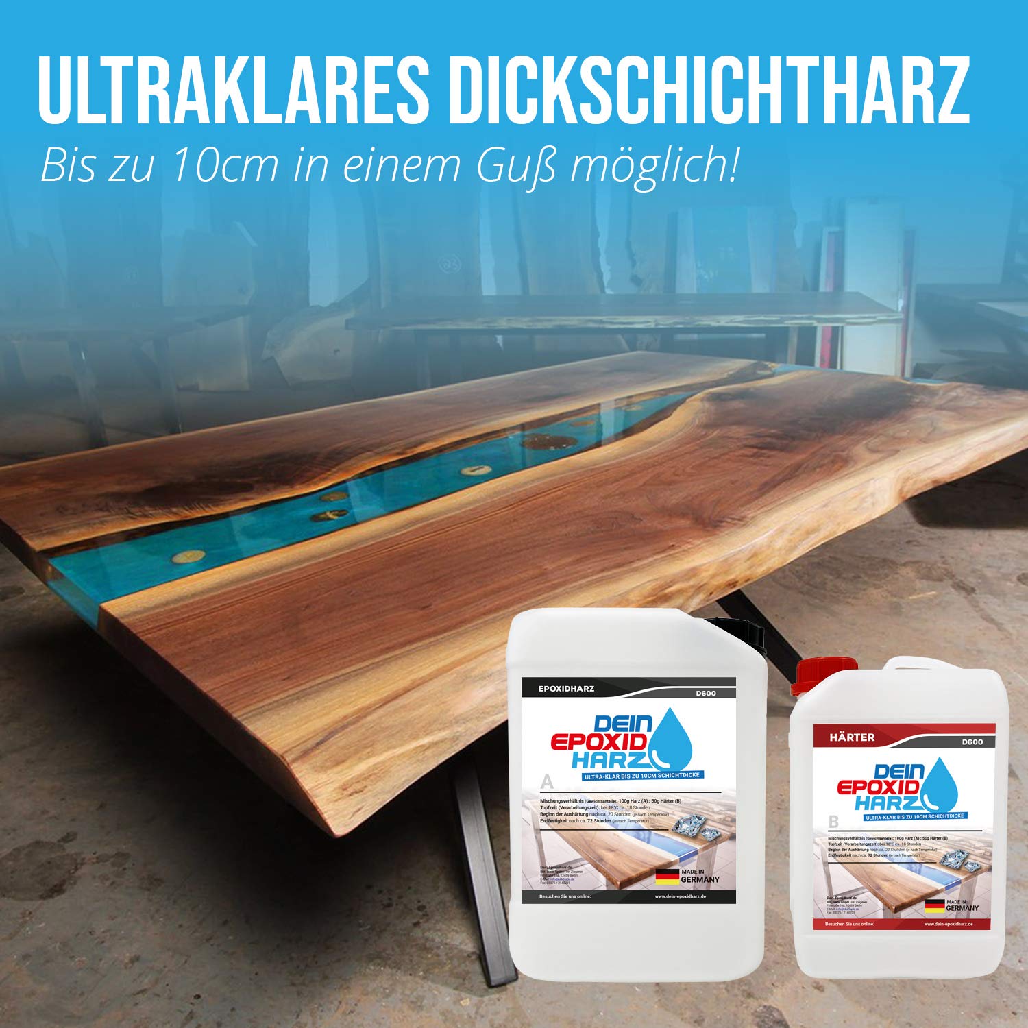 Dickschicht - Epoxidharz mit Härter | 9,6kg Set | Profi Qualität, ultraklar & geruchsarm | 10cm in einem Guß + Schutzhandschuhe
