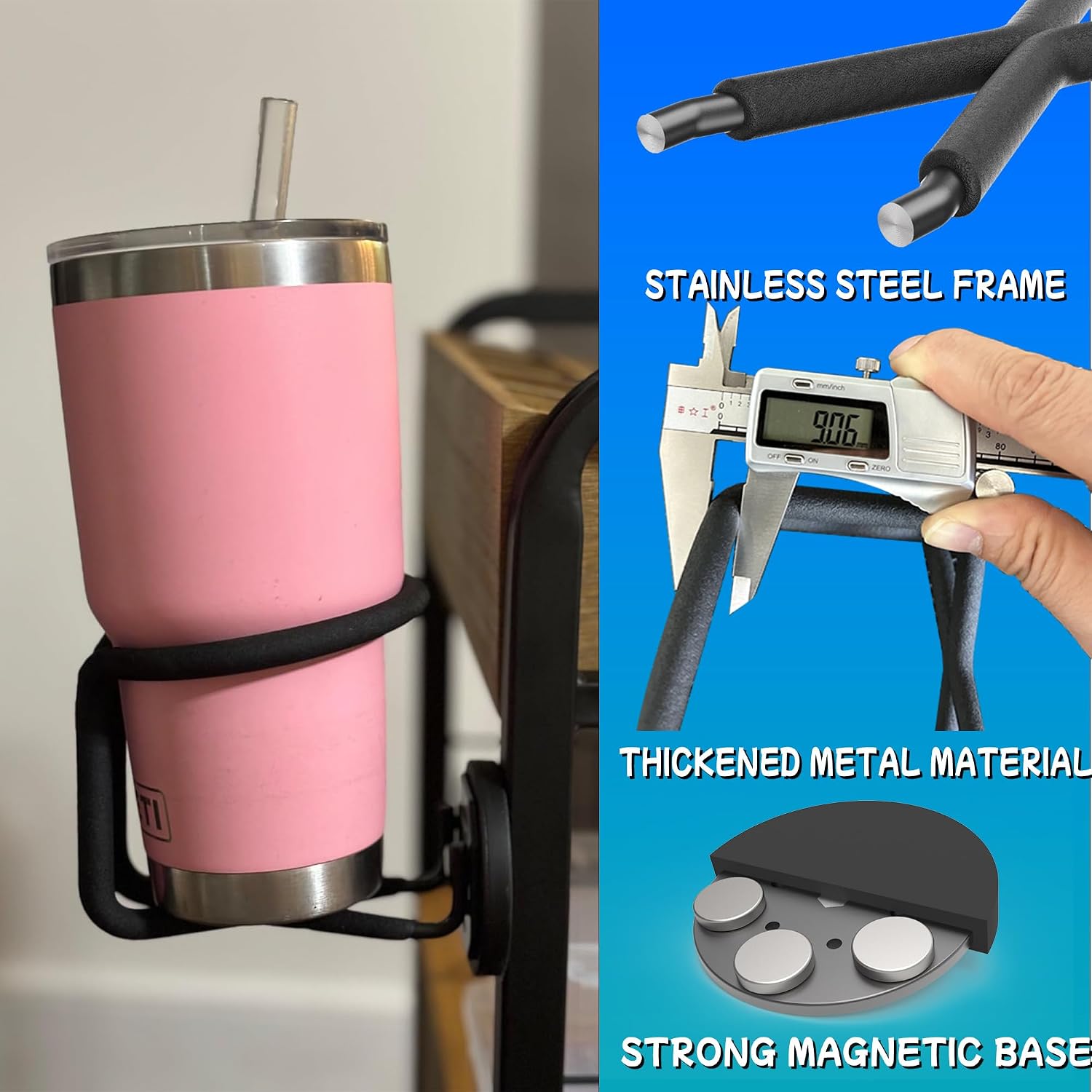 Magnetic Cup Holder, 2 Pack Metal Drink Holder for Stanley 30/40 oz Tumbler Owala Yeti, Heavy Duty Bottle Can Holder for Tractor Truck Forklift School Bus Lawnmower Treadmill Refrigerator