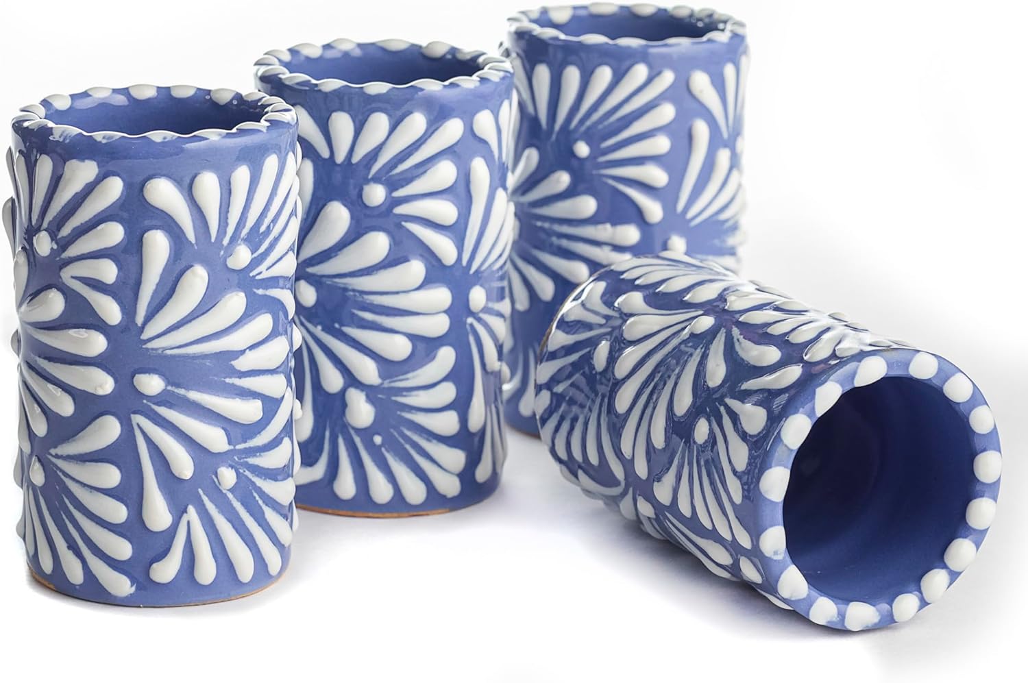 Talavera Shot Glasses Set of 4 Authentic Mexican Tequila Shot Glasses - Hand-painted - 2 Oz (White Brushstroke Blue Background) - Image 7