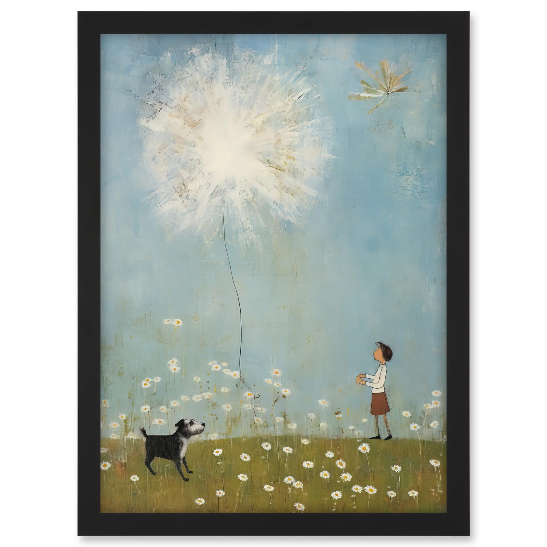 Artery8 Chasing the Giant Dandelion Dream Artwork Giant Wish Oil Painting Kids Bedroom Child and Pet Dog in Daisy Field Artwork Framed A3 Wall Art Print