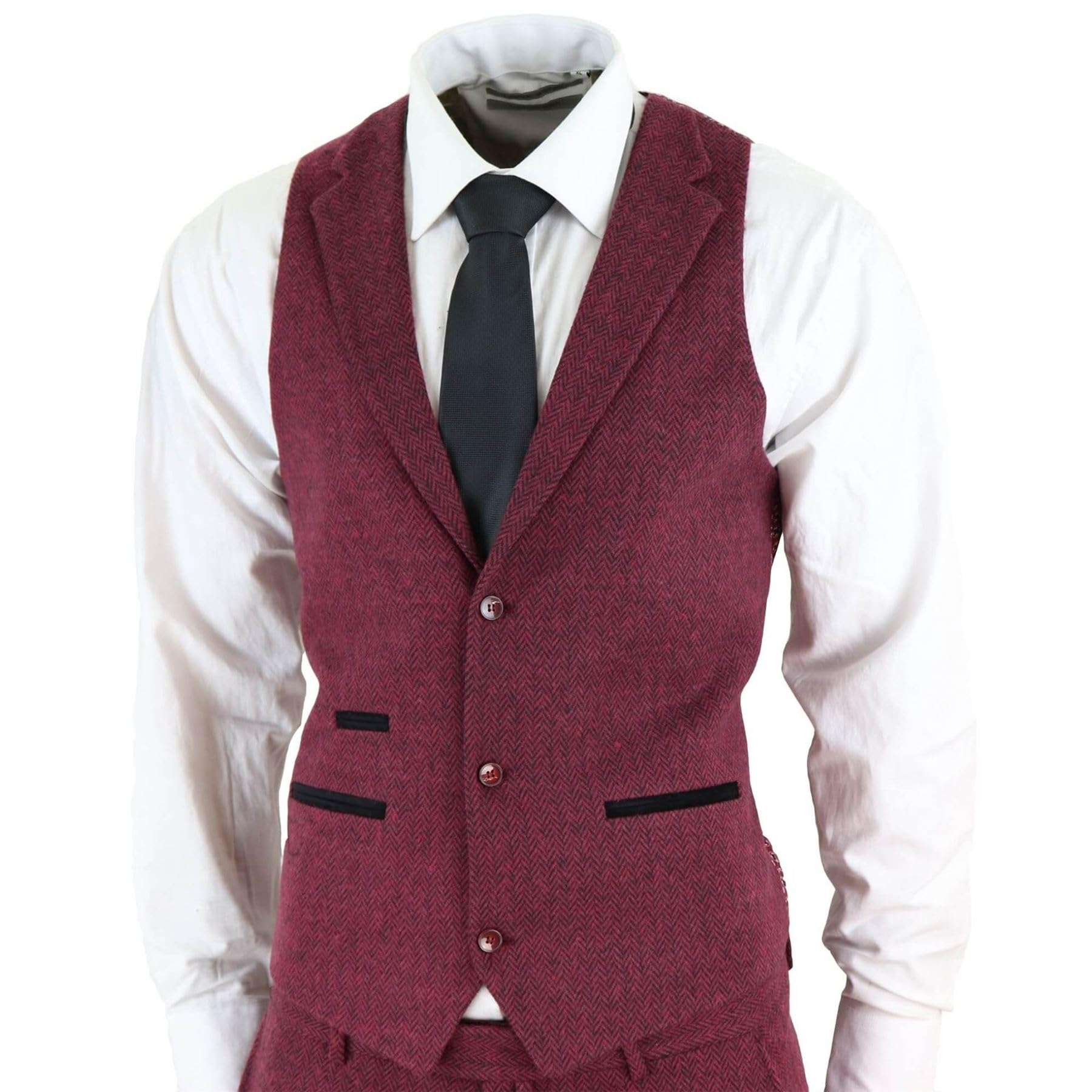 TruClothing.com Abito da Uomo 3 Pezzi Bordeaux Nero Classico in Lana Tweed