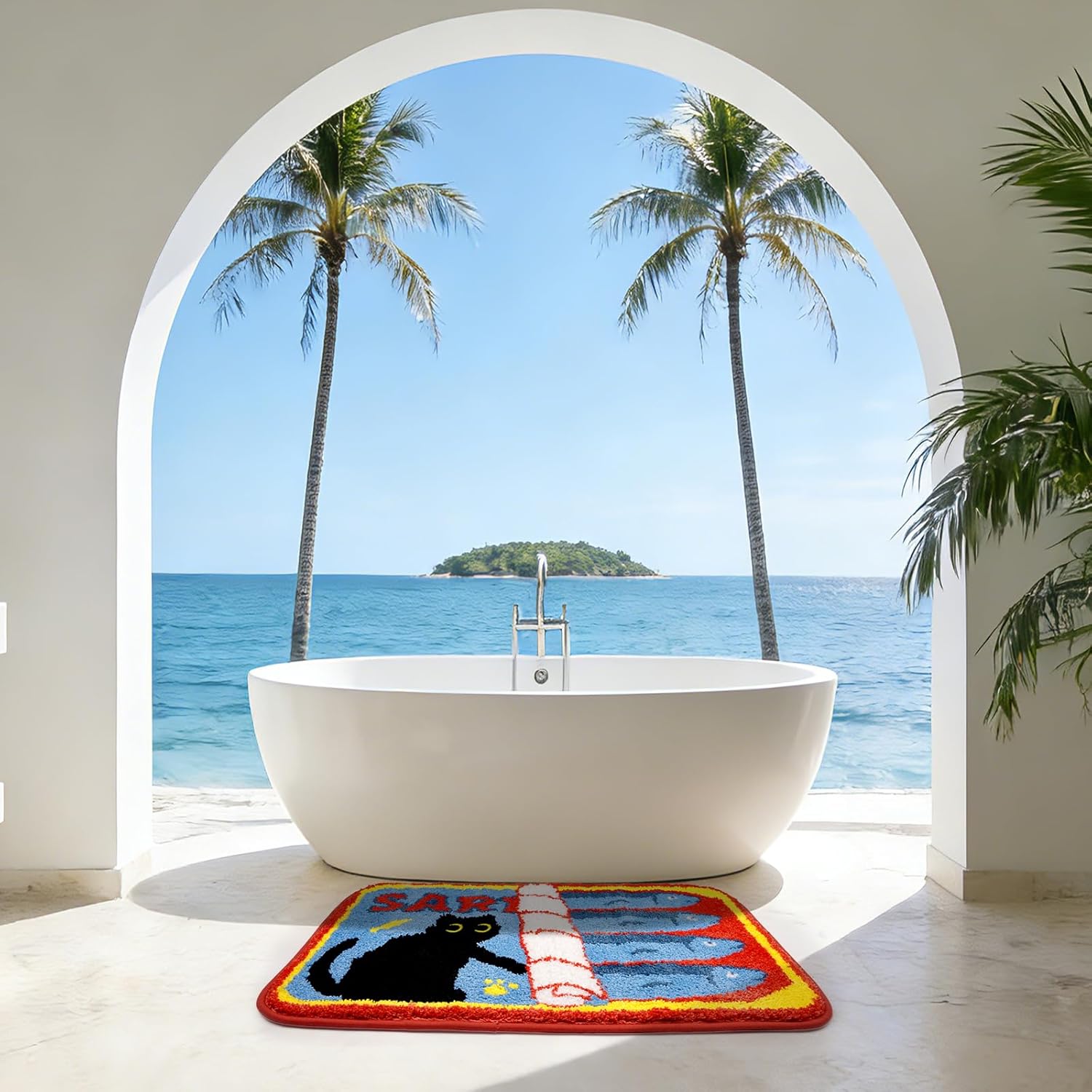 Black Cat Bath Rugs for Bathroom,Sardine Can Bath Rug,Funny Non-Slip Blue Mat with Quirky Design Rugs for Bathroom Shower Bedroom,30x18 Inch