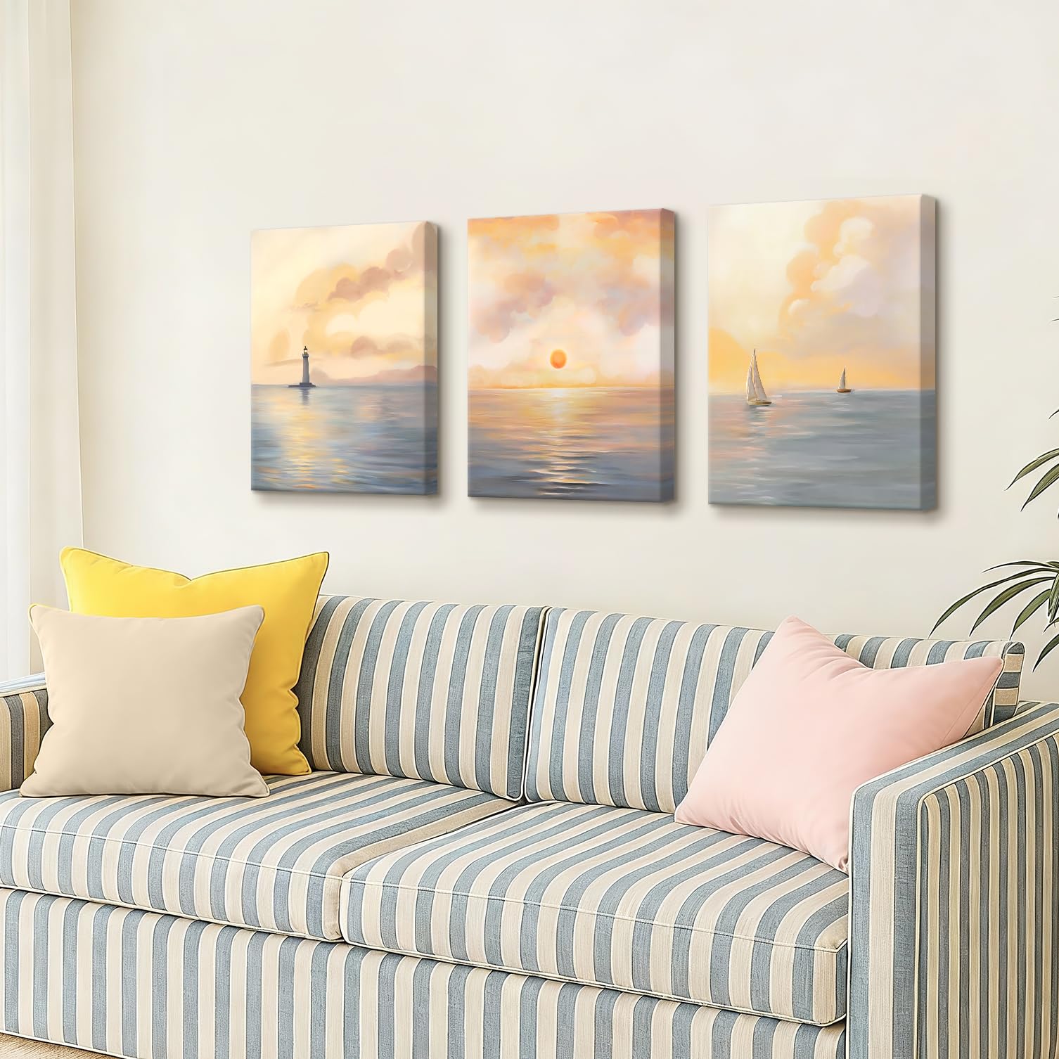 WENGTIAO 3 Pezzi Stampa su Tela Oceano Alba Incorniciato, Quadro su Tela Faro Barca a Vela in Mare Paesaggi Murali Pittura per Quadri Moderni Soggiorno Camera da Letto Decorazioni Parete 30x40cmx3