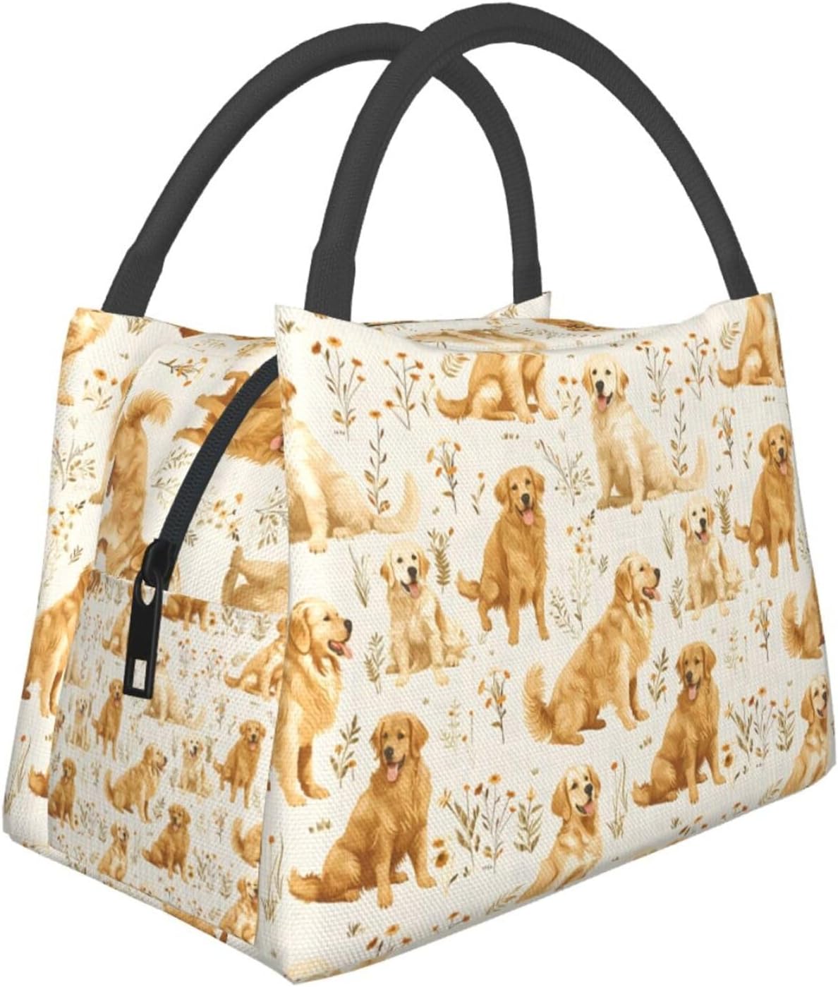 Golden Retriever Insulated Lunch Box for Girls Dog Lovers,Reusable Tote Bag with Vintage Floral and Puppy,Portable Lunchbox Handbag,Makeup Bags Organizer Gifts for Work Office,11x6.3x6.7in