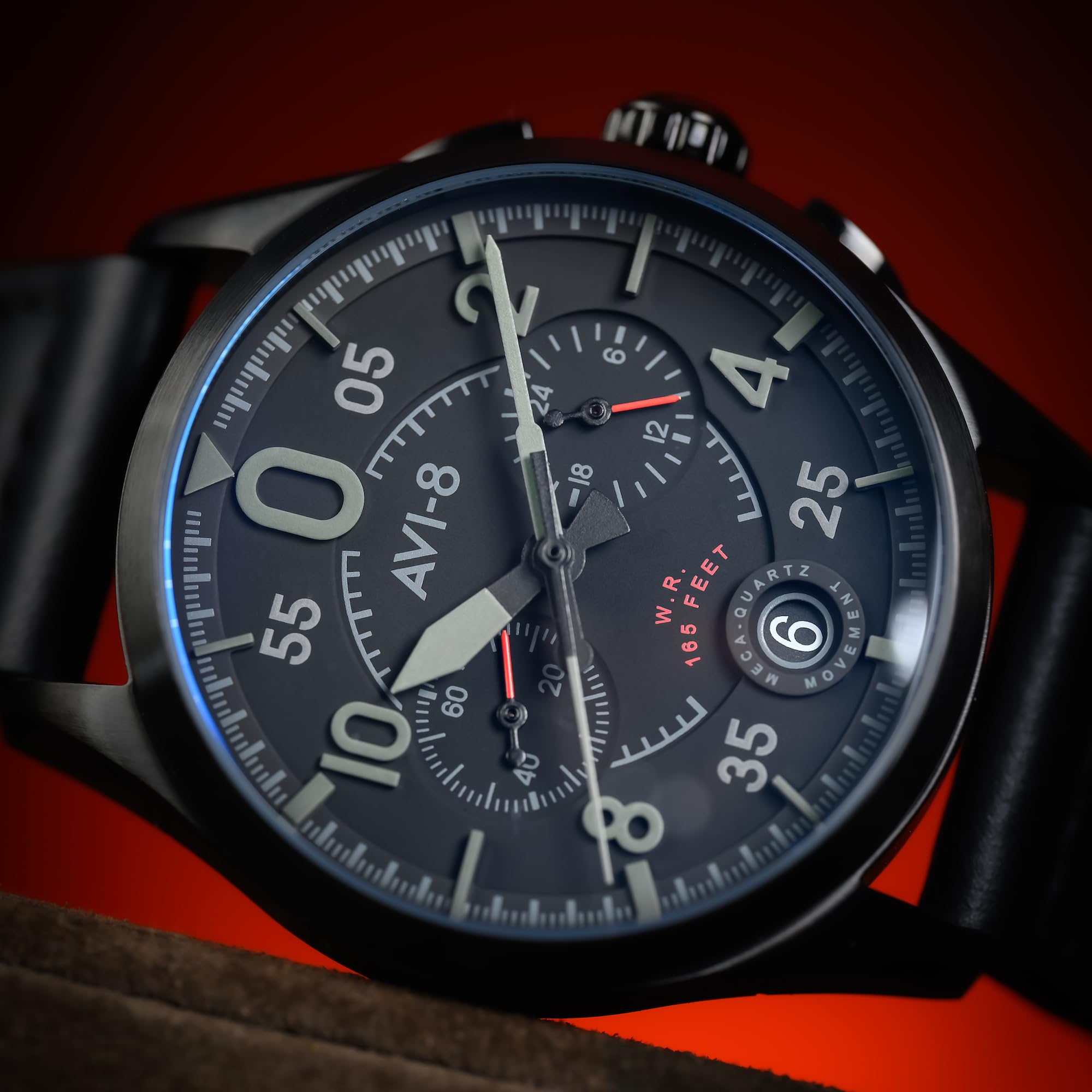 AVI-8 Spitfire Lock Herren 42 mm Chronograph Japanisches Quarz Pilotenuhr mit Lederband AV-4089