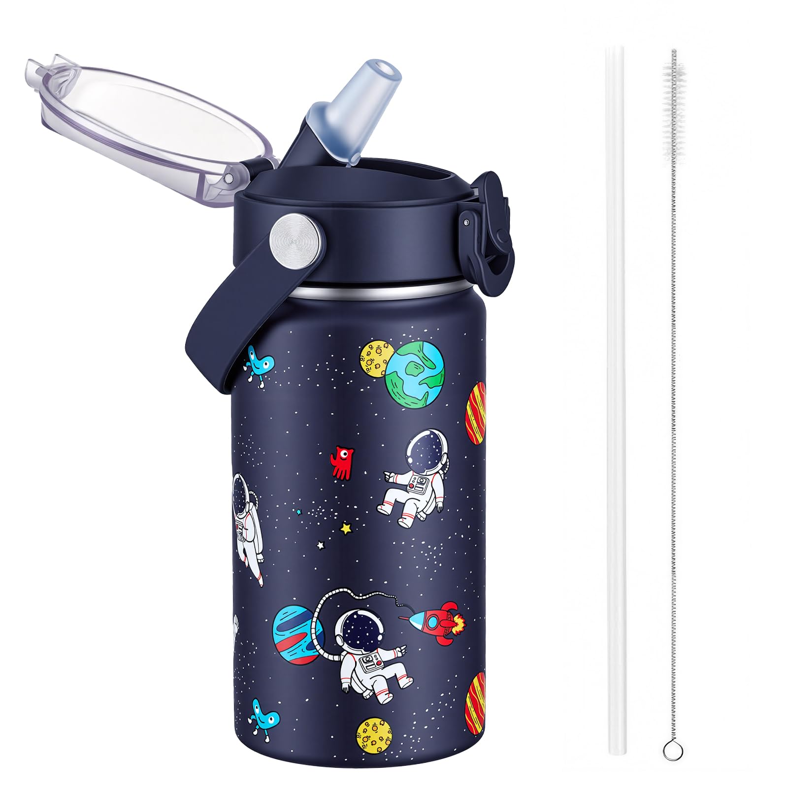 Autsel 420ml Kids Insulated Water Bottle with Straw, Vacuum Metal Leak Proof Drink Flask, BPA-Free, Cute Double Wall Stainless Steel Child's Flask,Boys Girls Bottles
