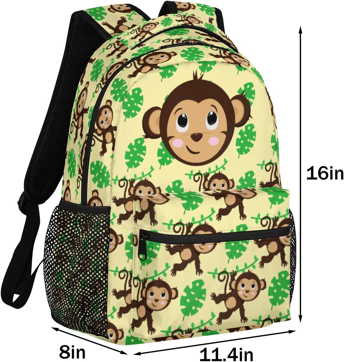 Monkey Backpack for School, Cute Monkey Palm Leaves Yellow Laptop Backpack Water Resistant Bookbag Computer Bag Travel Hiking Camping Rucksack Daypack Shoulder Bag for Teenager Boys Girls Kids