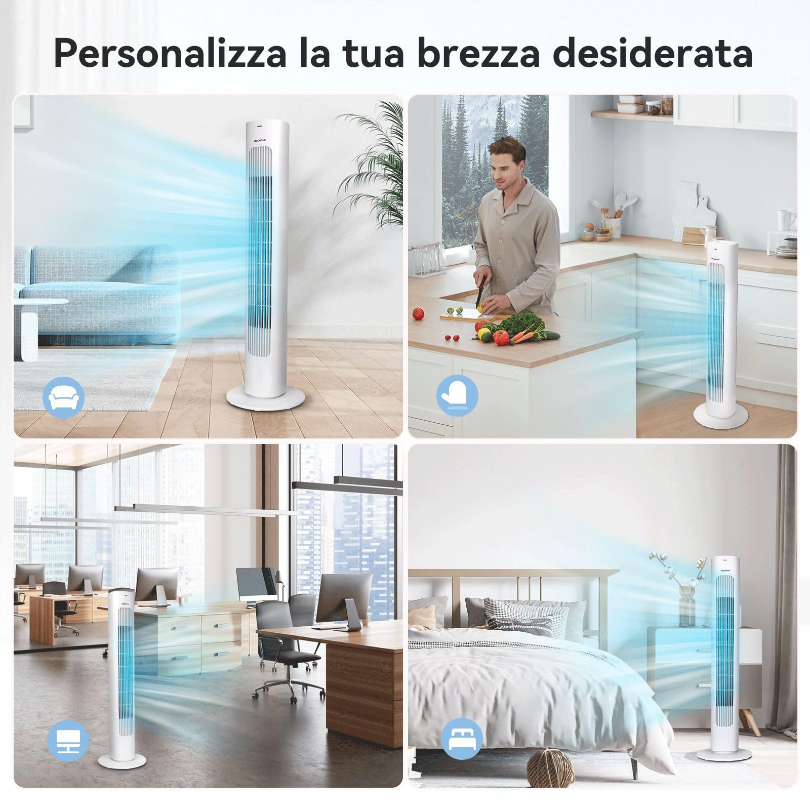 Aigostar Robert - Ventilatore a Torre con Telecomando e 3 Velocità e 3 Modalità di Vento, Ventilatore Senza Pale, Timer, 50W, Oscillazione a 70°, Display LED, Adatto per Casa e Ufficio, Bianco