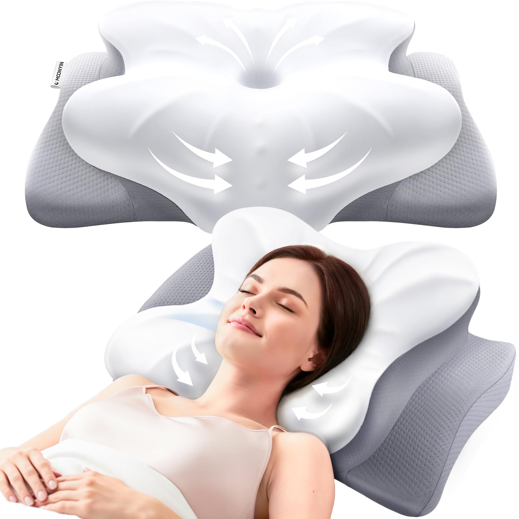 Almohada Cervicales y Cuello, Almohada Ergonómico Espuma de Memoria, Diseño Mariposa, Tecnología de Enfriamiento, Dormir de Lado, Espalda y Estómago Rendimiento Diseño
