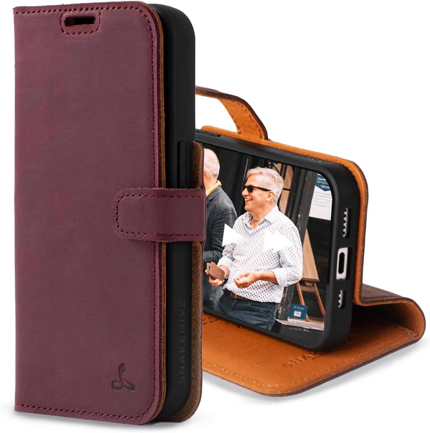 Snakehive Leather Wallet for iPhone 15 Pro - Real Leather Wallet Phone Case - Genuine Leather with Viewing Stand and 3 Card Holder - Flip Folio Cover with Card Slot (Plum)