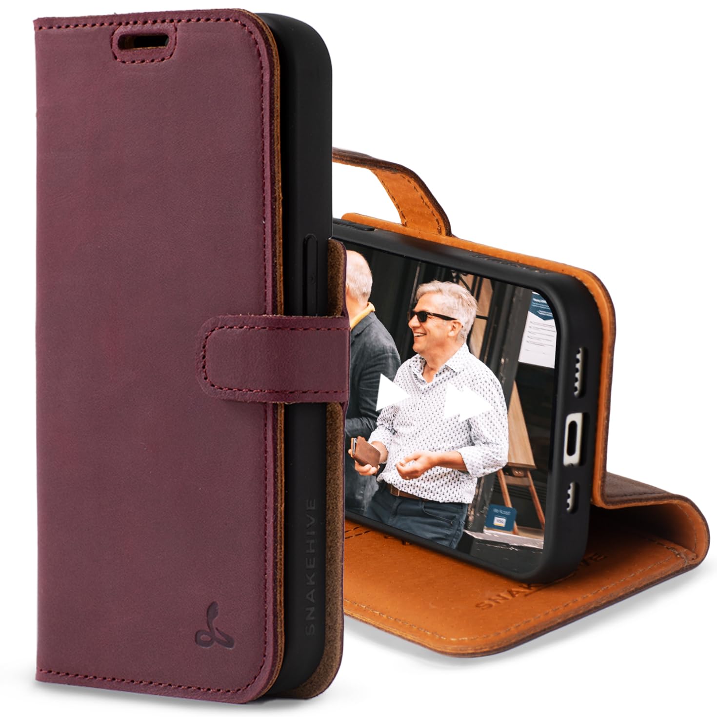Snakehive Leather Wallet for iPhone 15 Pro - Real Leather Wallet Phone Case - Genuine Leather with Viewing Stand and 3 Card Holder - Flip Folio Cover with Card Slot (Plum)