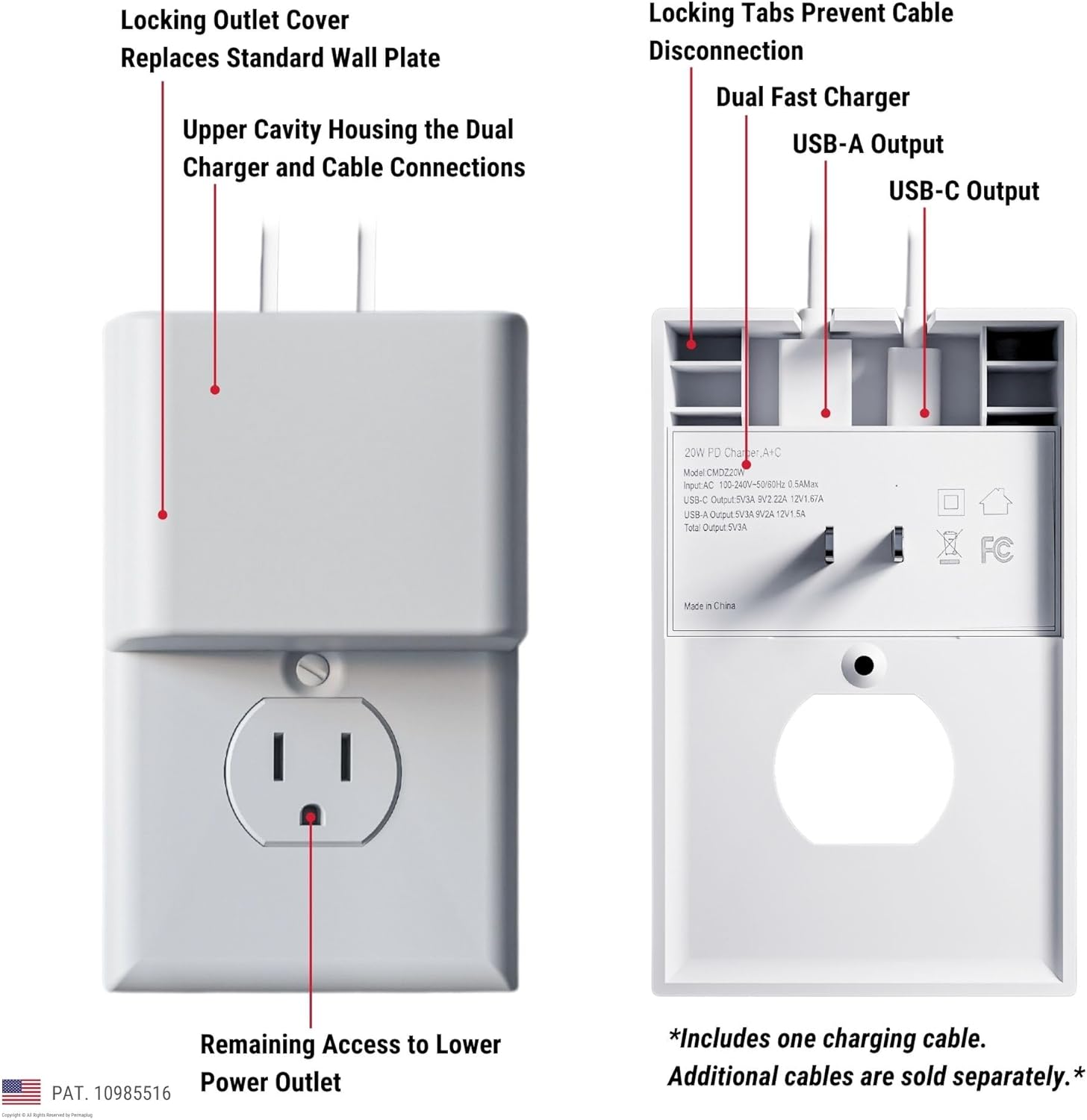 Permaplug Charger Lock: Anti-Theft & Tug-Proof Phone Charger Lock System for Apple iPhone 14/13/12/11/ X/MAX/XR/ 8/6/7/ XS, iPad, iPod Touch, Baby Proof (USB-A to Lightning Cable) (6ft)