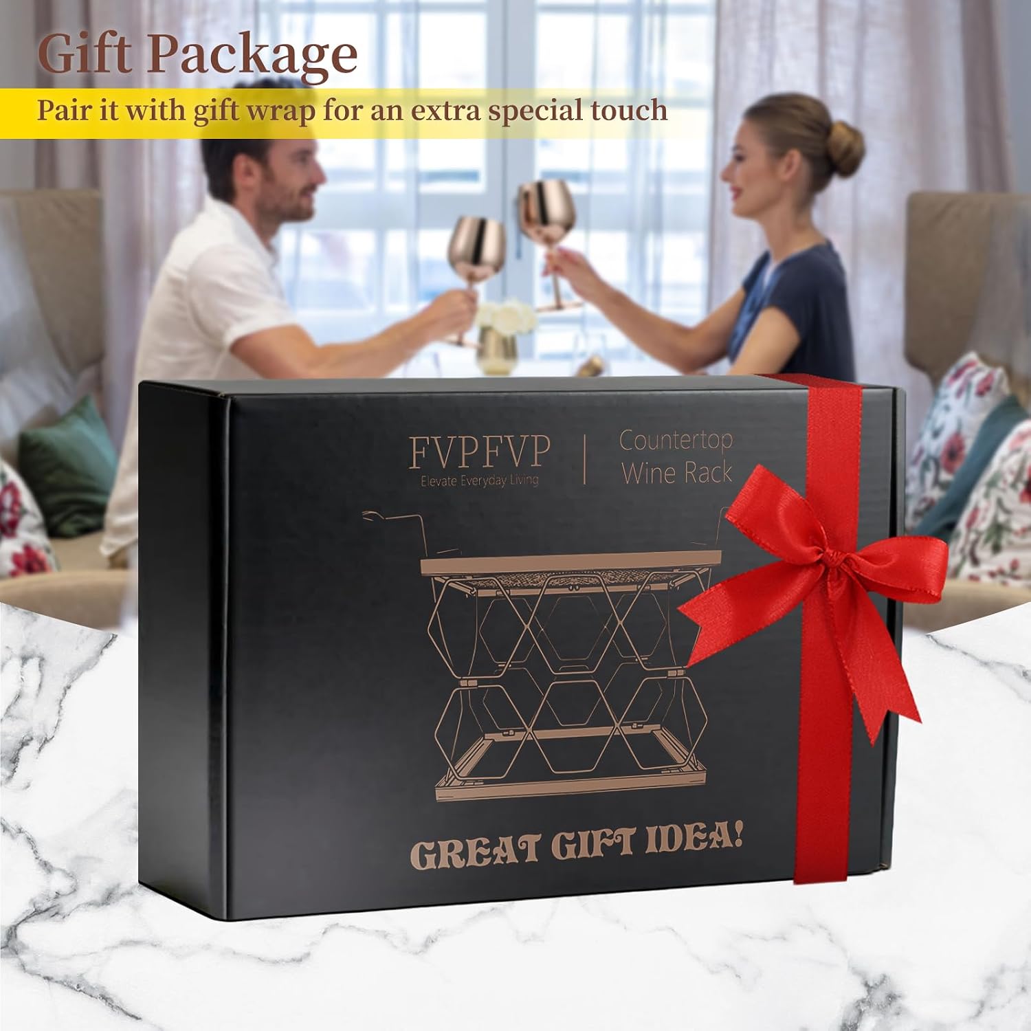 Countertop Wine Rack Organizer - Holds 6 Oversized Bottles & 4 Glasses | Freestanding Small Metal Bottle Holder, Perfect for Home Décor, Kitchen Storage and Cabinet | No Assembly(Rose Gold)