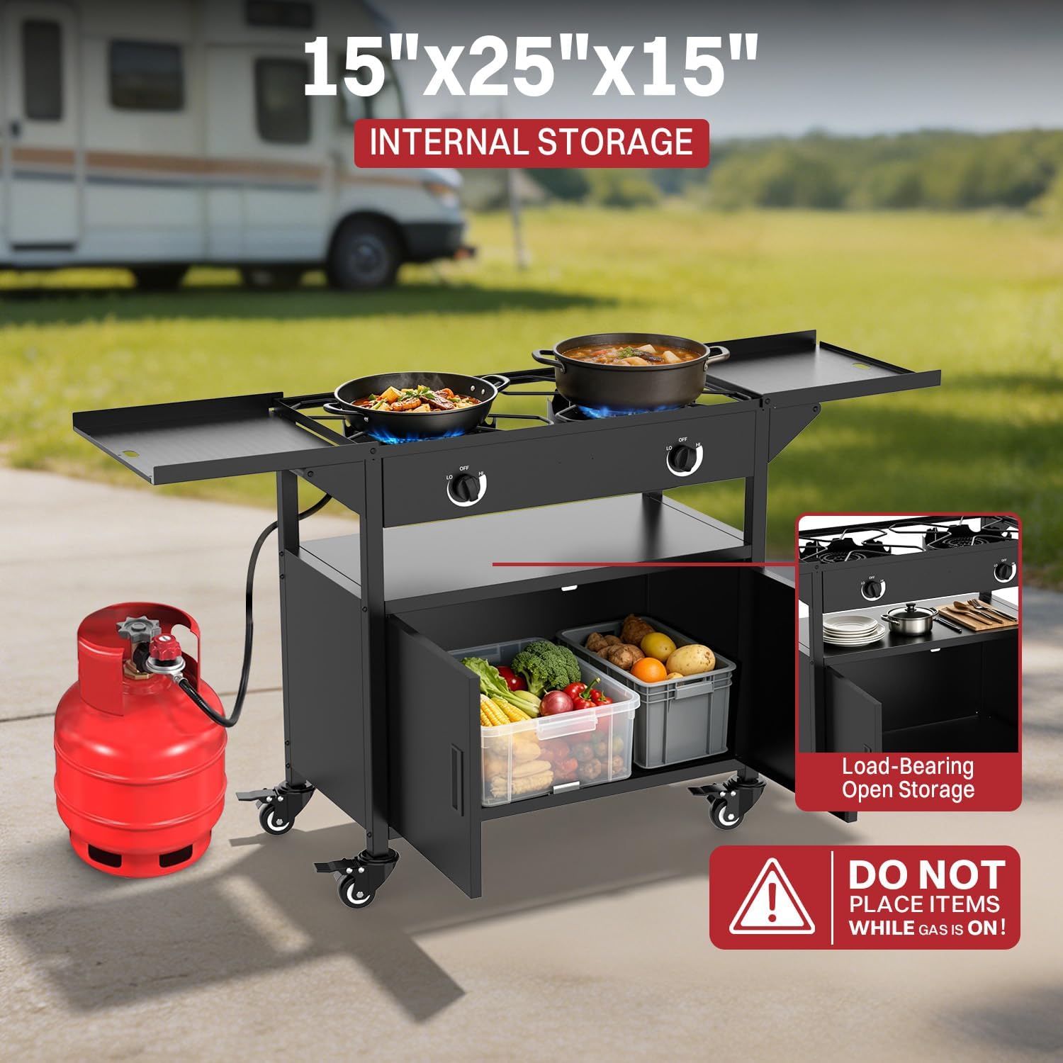 2 Burner Propane Camp Stove with 4 Wheels| 150,000 BTU Gas Burners| Side Shelves with Storage Cabinet | 300Lbs| Waterproof Cover| Easy to move&Outside-in Assembly| for Camping Backyard Outdoor Cooking