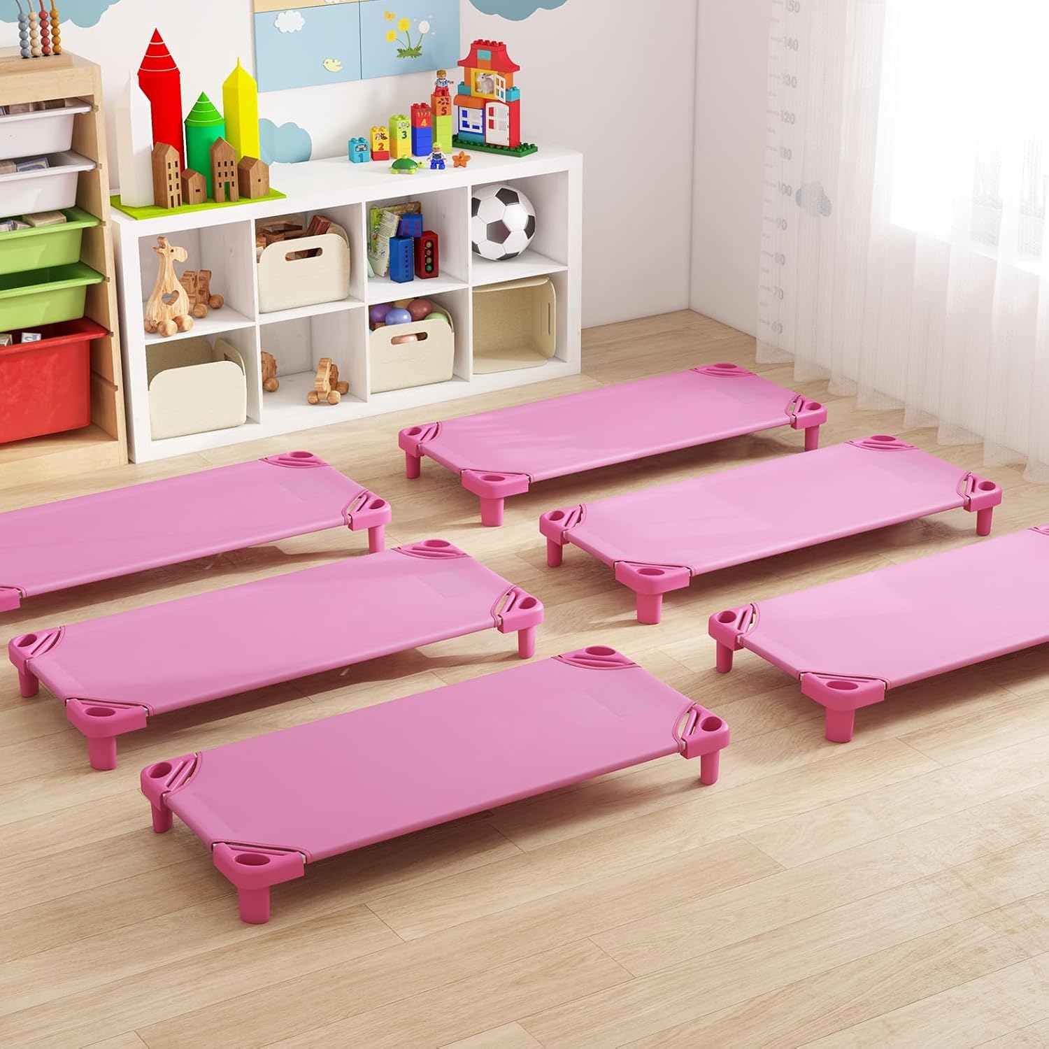 KOTEK Stackable Sleeping Daycare Cots for Kids, Portable Toddler Nap Cots, 52" L x 23" W, Ready-to-Assemble, Space-Saving Children Naptime Cot for Classroom Preschool (Set of 6, Pink)