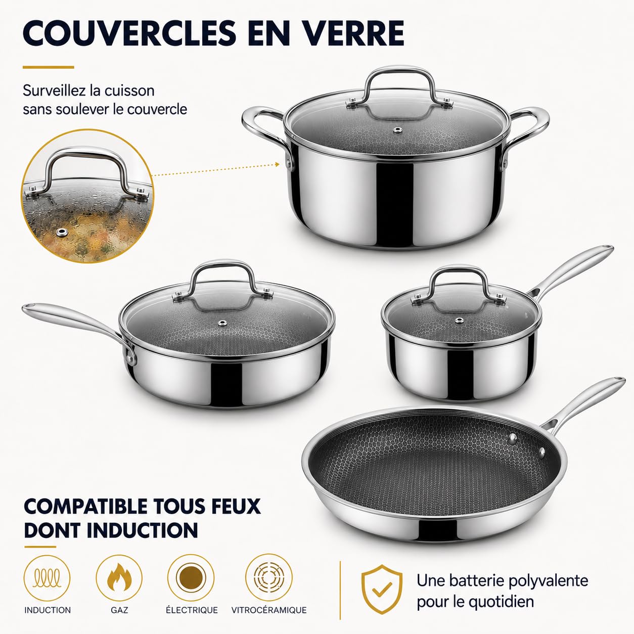 By Napoléon Batterie de Cuisine 9 Pieces Nid d'Abeille et Inox 18/10 Triply, 3 Poêles 20/24/28 cm, Casserole 16 cm, Sauteuse 24 cm, Faitout 22 cm