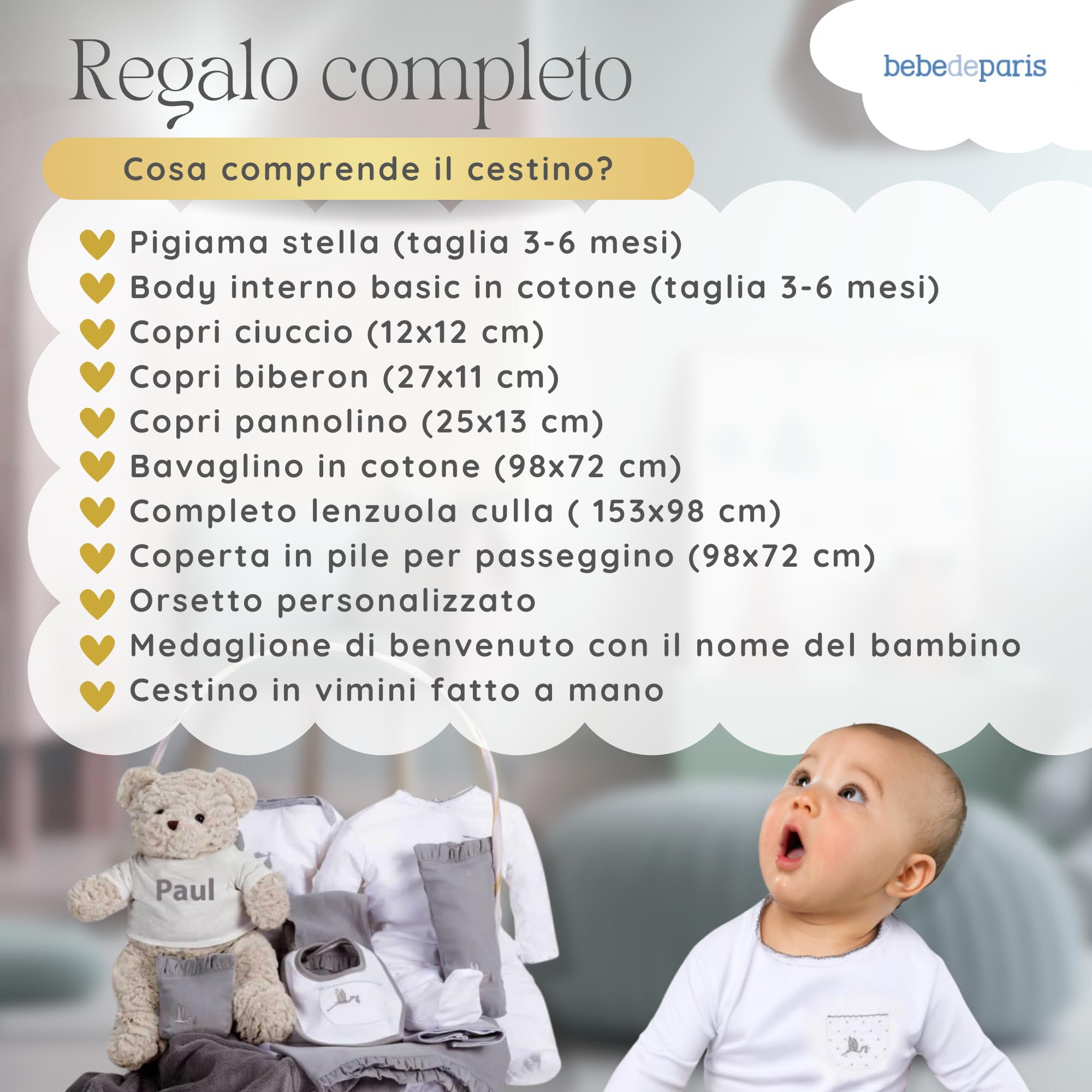 Regalo Neonato Maschio Femmina | Cesto classico per neonati | Cesto regalo personalizzato per neonati | 3/6 mesi (grigio) | BebeDeParis